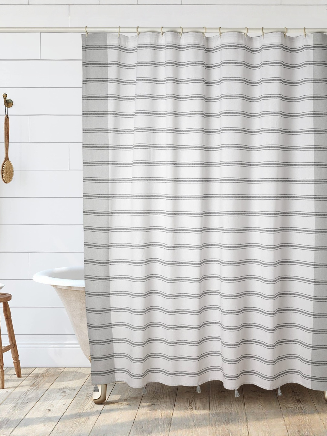 FOLKULTURE Grey & White Striped Shower Curtains