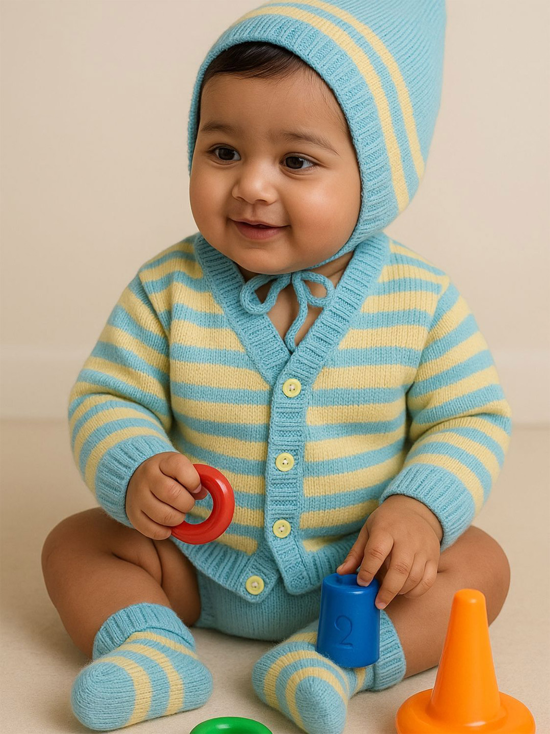 Little Angels Baby Boys Striped Woollen Cardigan Sweaters With Cap and Socks Set