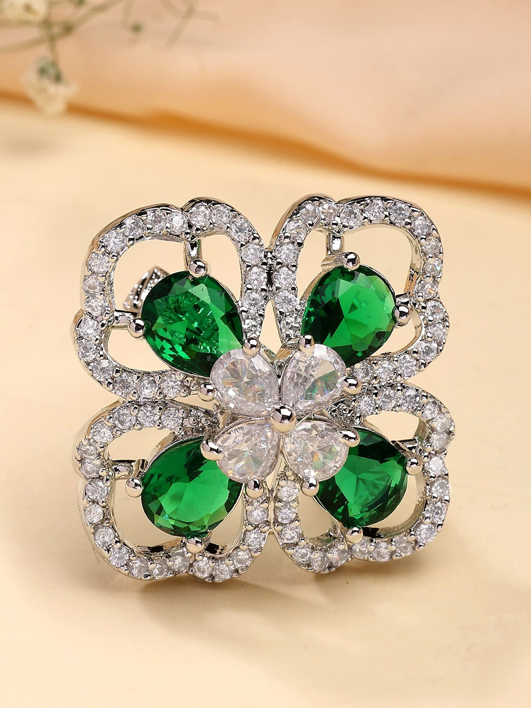 KARATCART Women Trendy Silver-Plated American Diamond Studded Adjustable Finger Ring