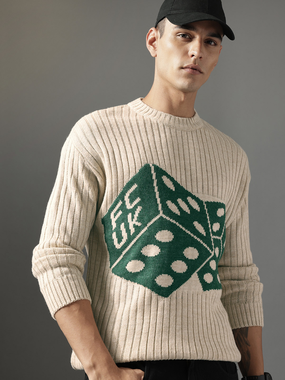 FCUK Geometric Self Designed Pure Acrylic Pullover