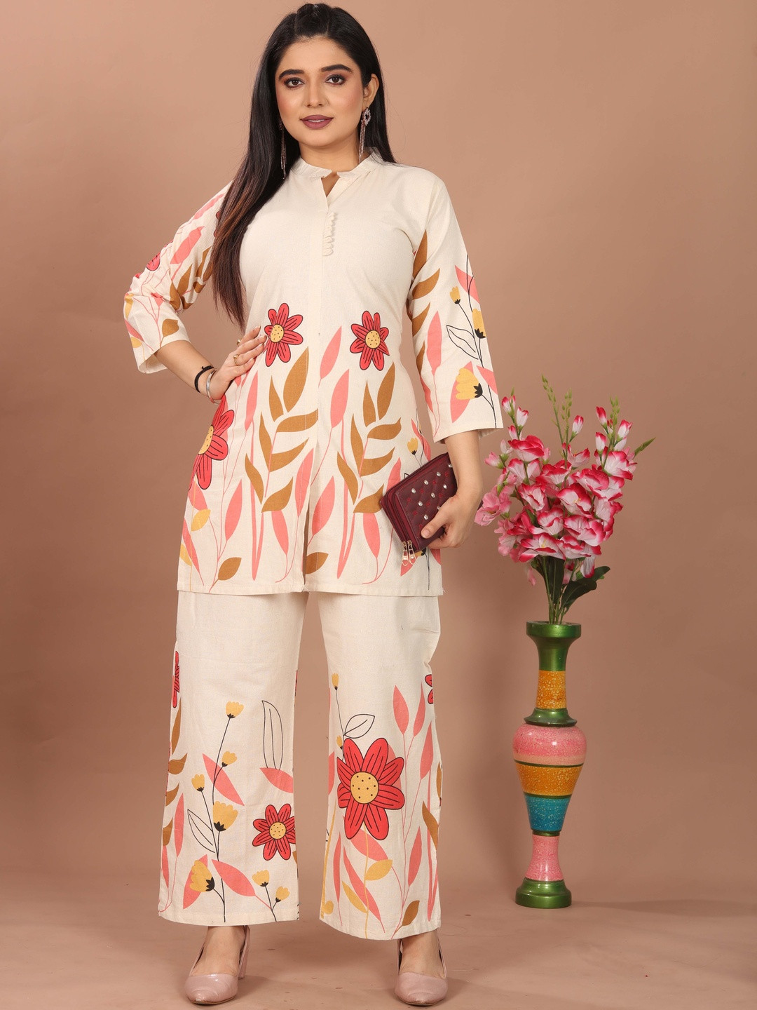 PickALook Floral Printed Mandarin Collar Pure Cotton Tunic With Trouser