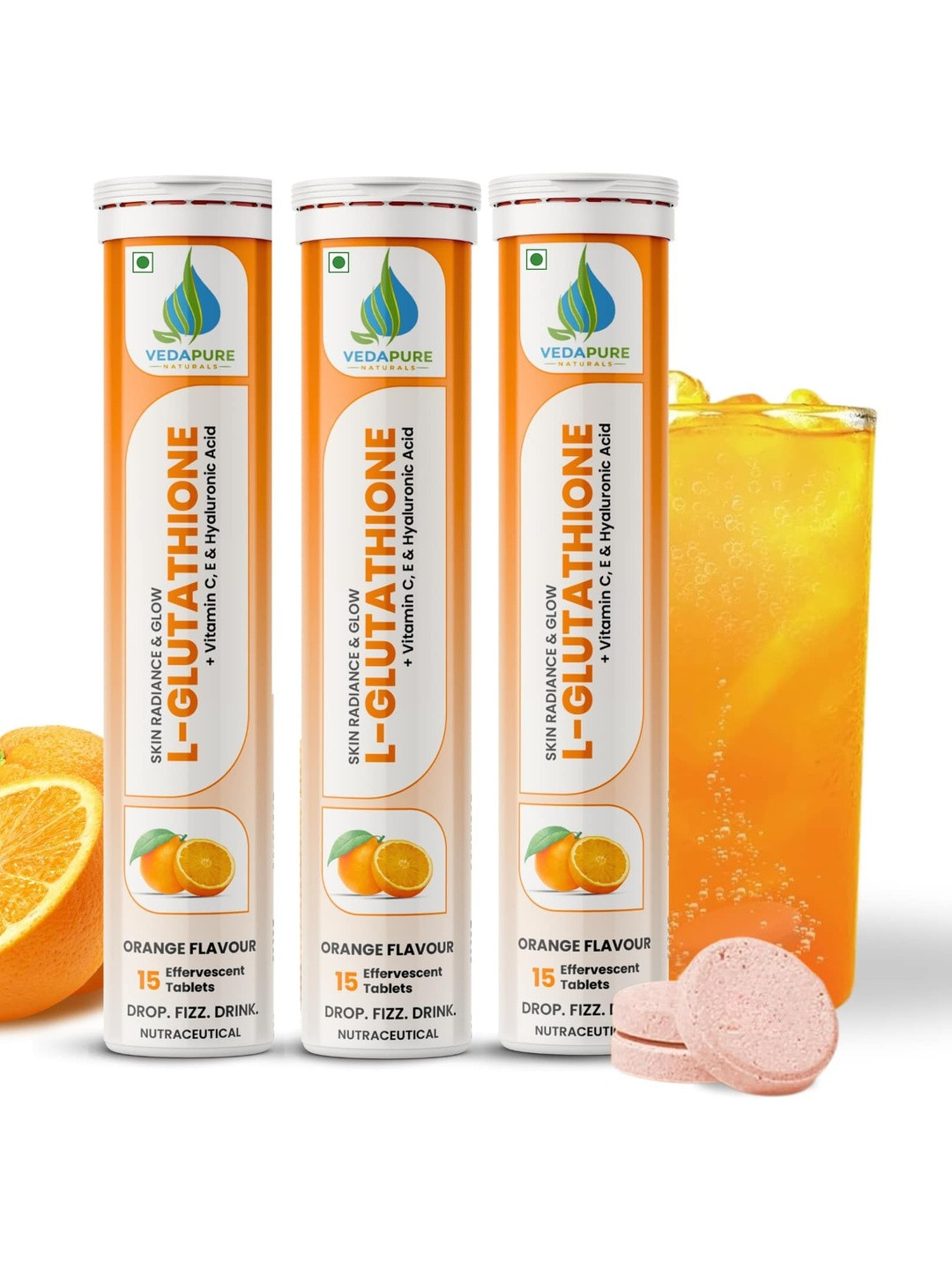 VEDAPURE Set Of 3 L-Glutathione Tablets With Vitamin C - 15 Effervescent Tablets