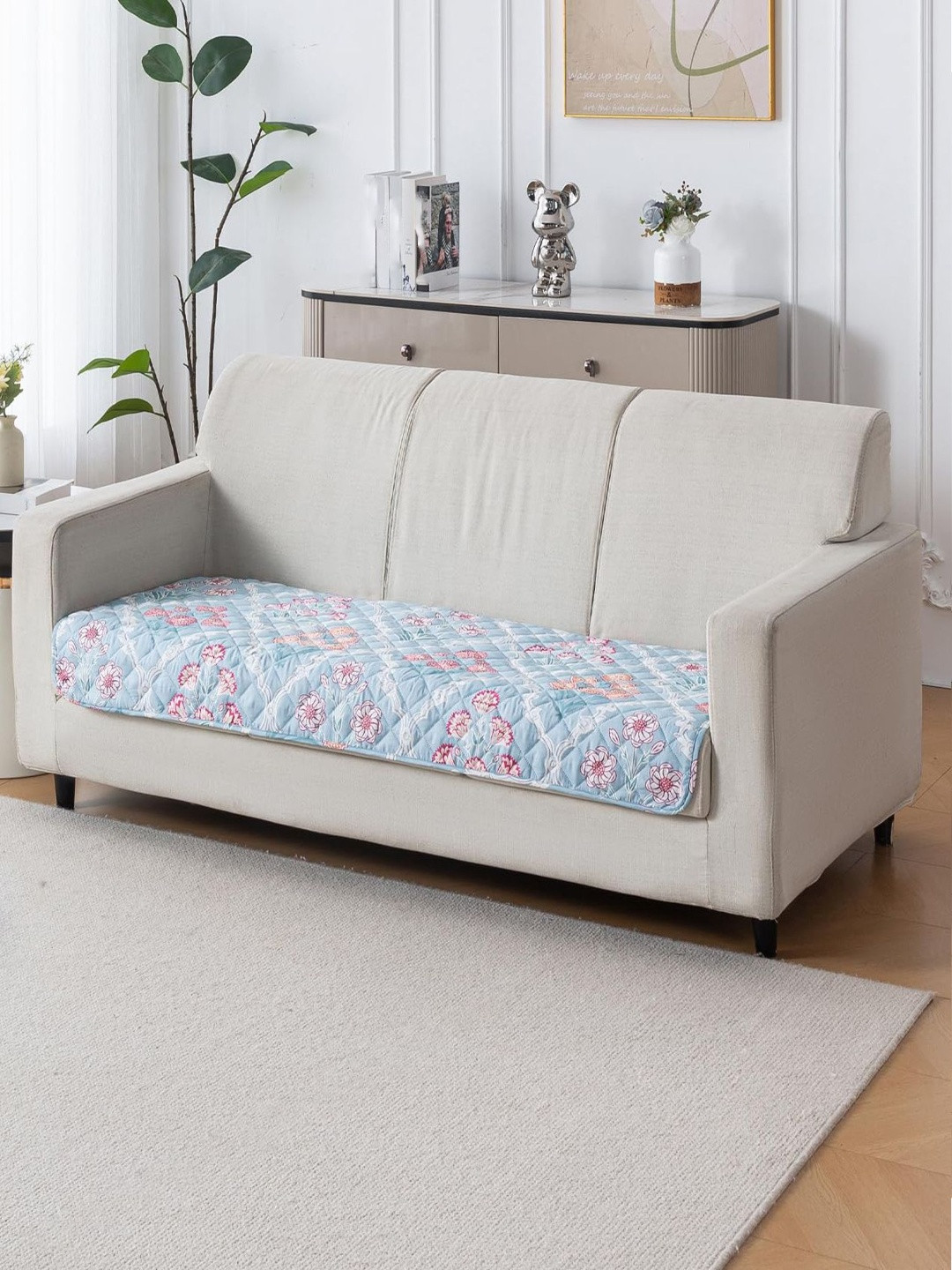 HOUSE OF QUIRK  Blue & White Printed Cotton Sofa Mat 80x150 CM