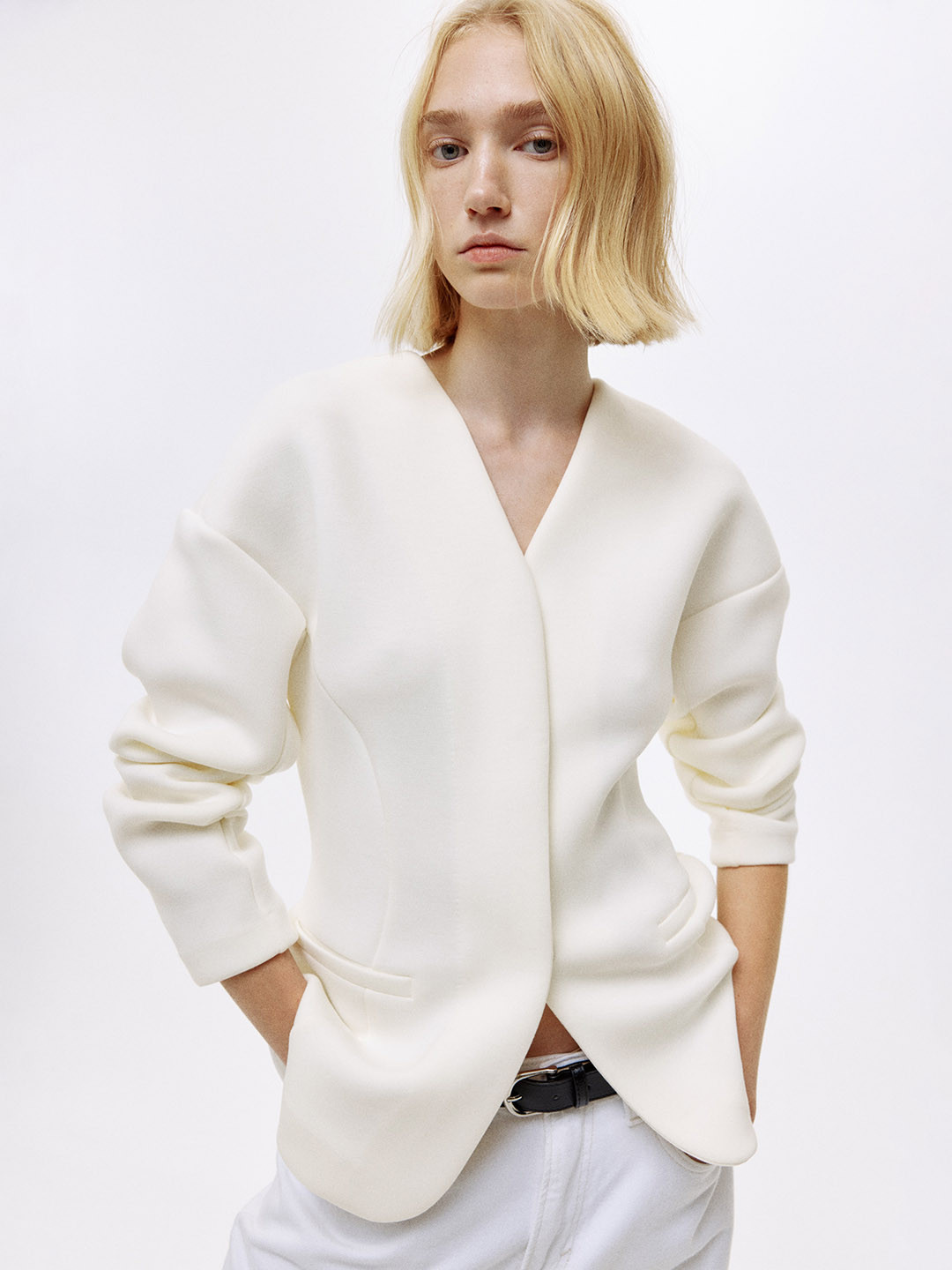 H&M Women White V Neckline Scuba Blazer