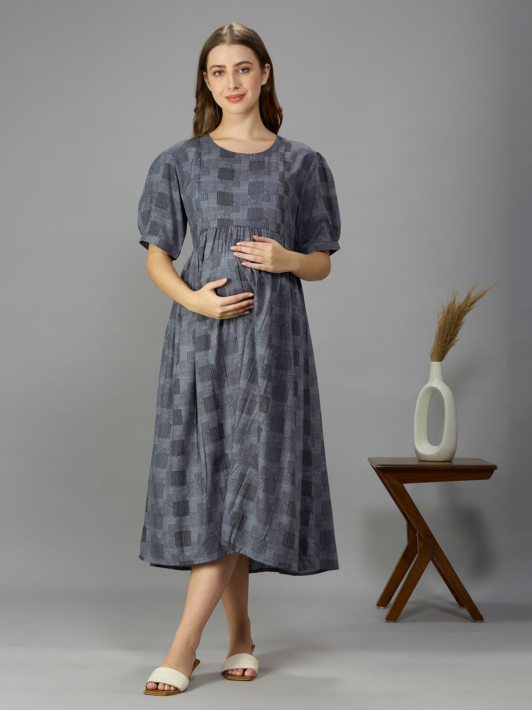 NIGHTSPREE Print Puff Sleeve Maternity Empire Midi Dress