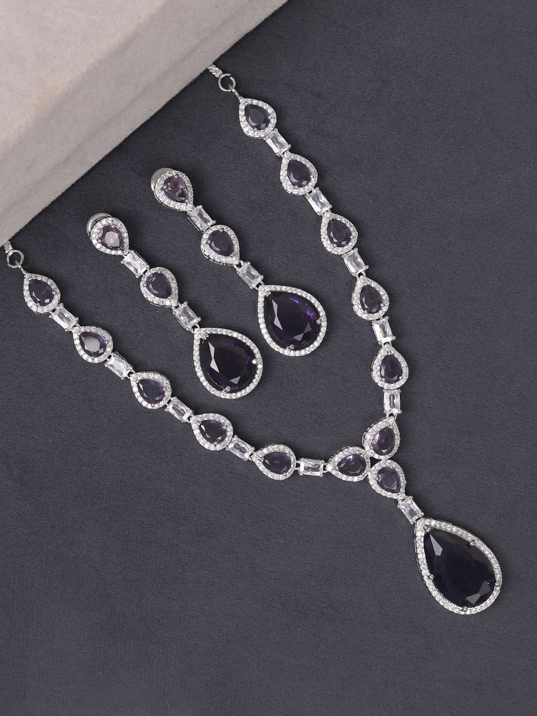 QUEENS NECK Silver-Plated American Diamond-Studded Teardrop Shaped Jewellery Set