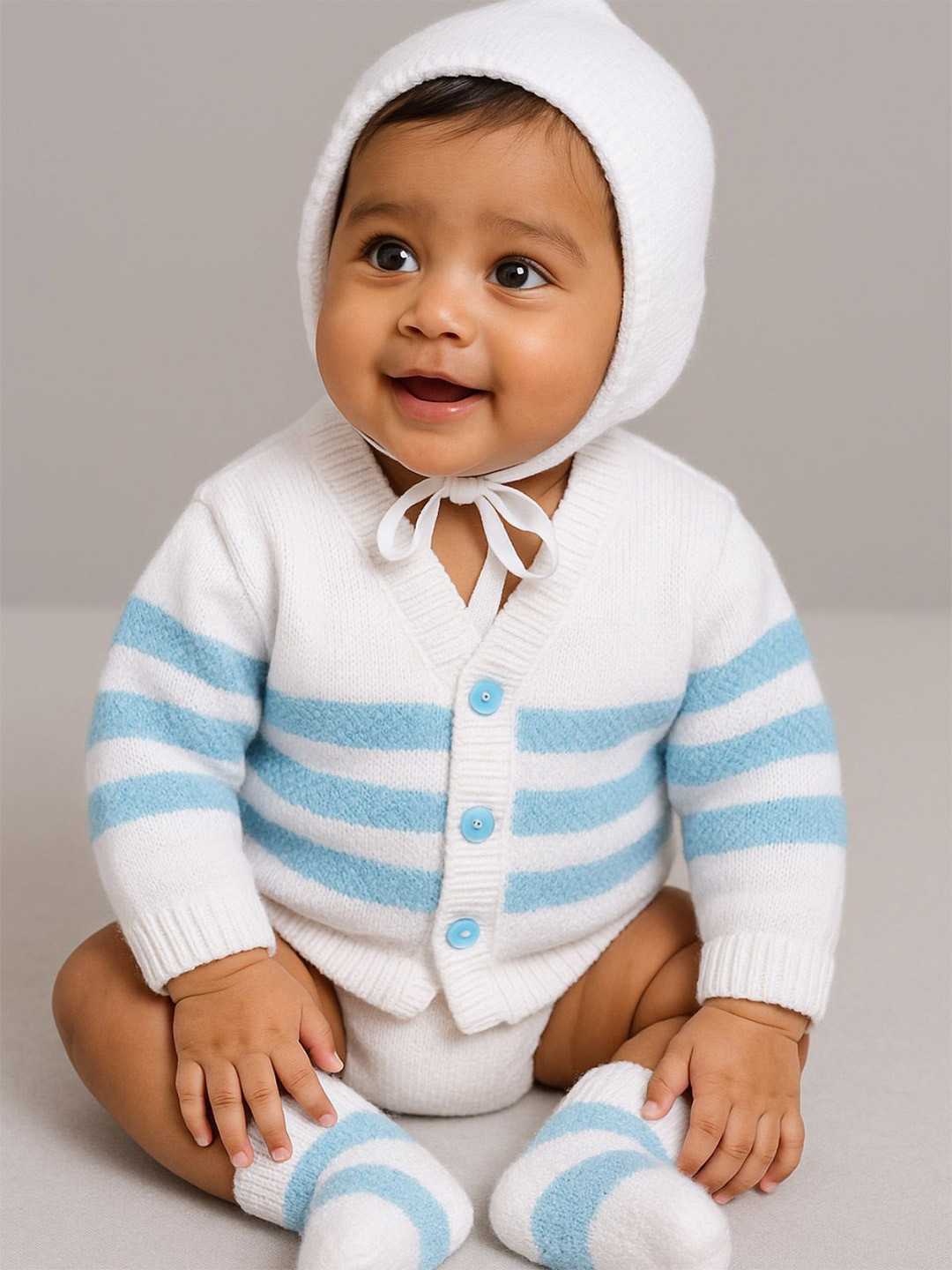 Little Angels Baby Boys Striped Woollen Cardigan Sweaters With Cap and Socks Set