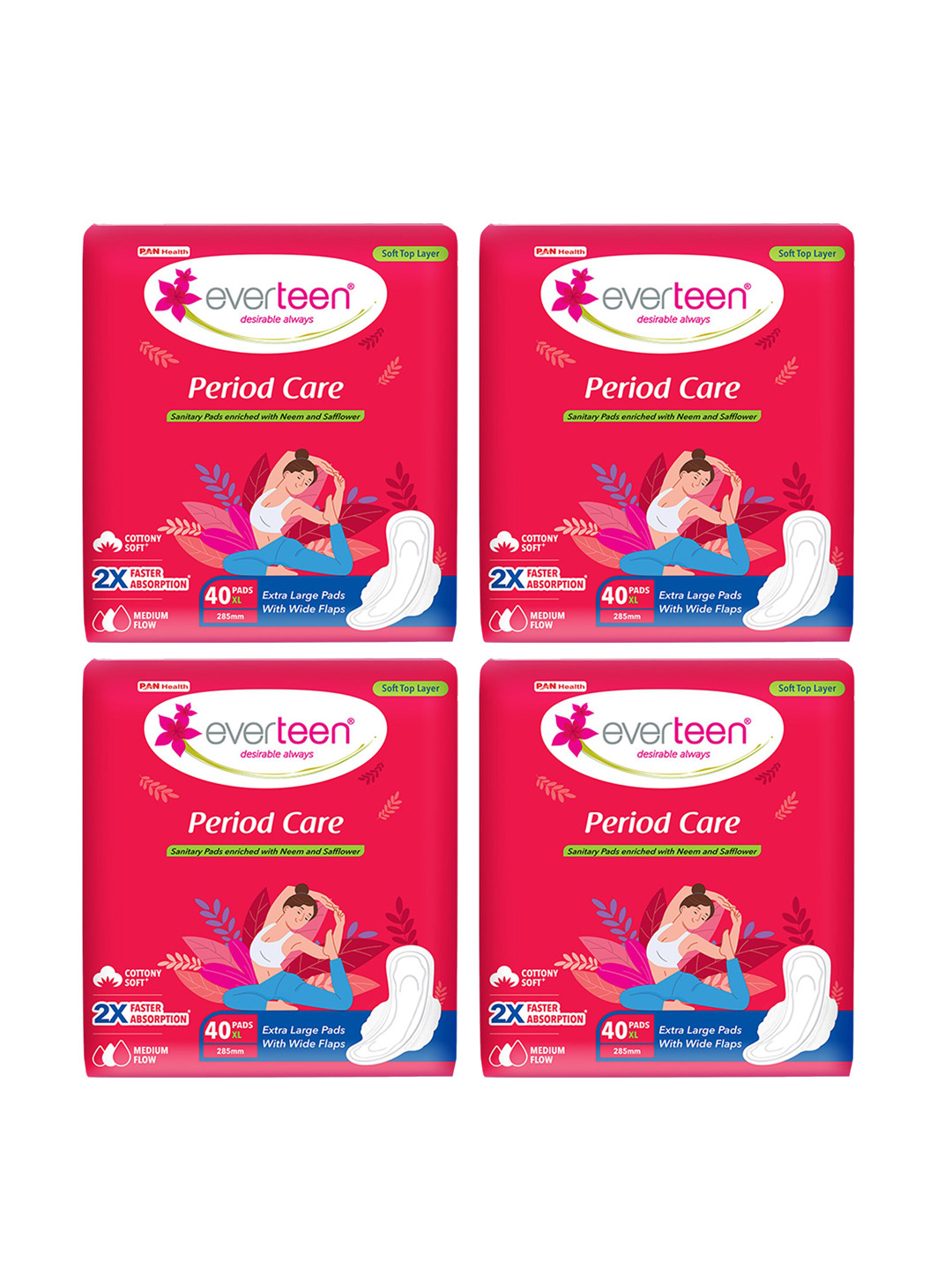everteen Set of 4 Period Care XL Sanitary Pads with Neem & Safflower - 40 Pads Each