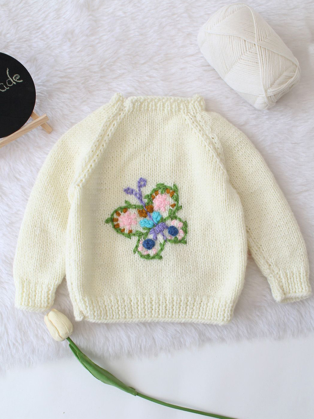 Woonie Kids Embroidered Butterfly Acrylic Pullover Sweater