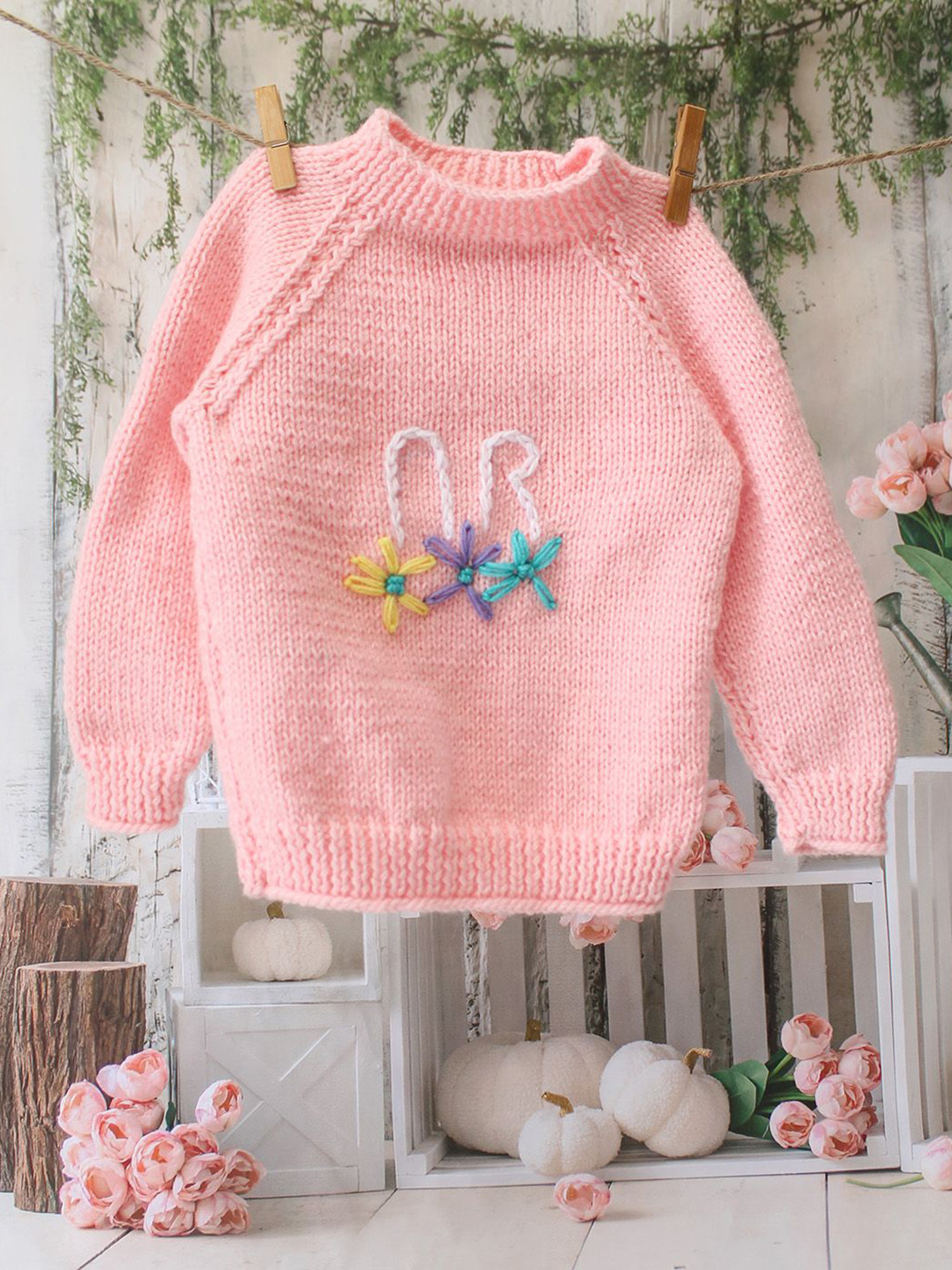 Woonie Kids Embroidered Bunny Ears Acrylic Pullover Sweater