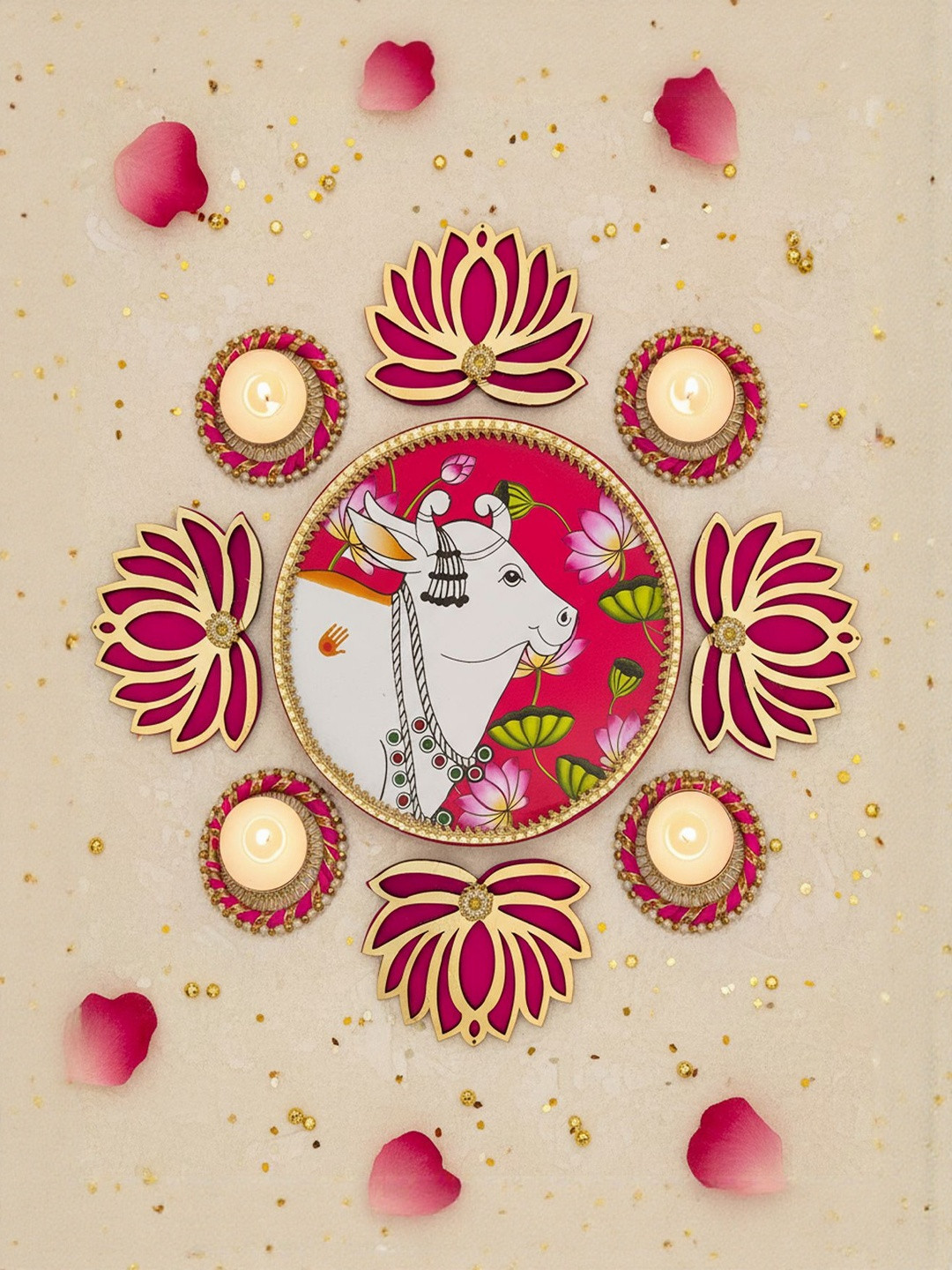 Special You Pink And White 13 Pieces Cow Pichwai Wooden Rangoli Stickers