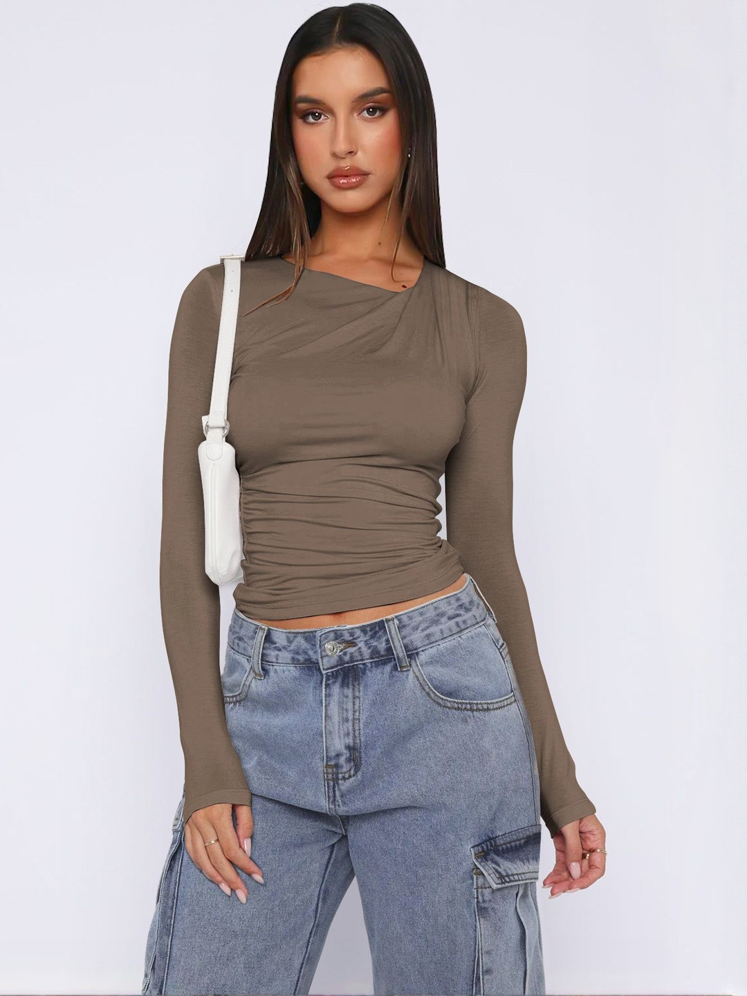 HERE&NOW Women Solid Cowl Neck Ruched Fitted Crop Top