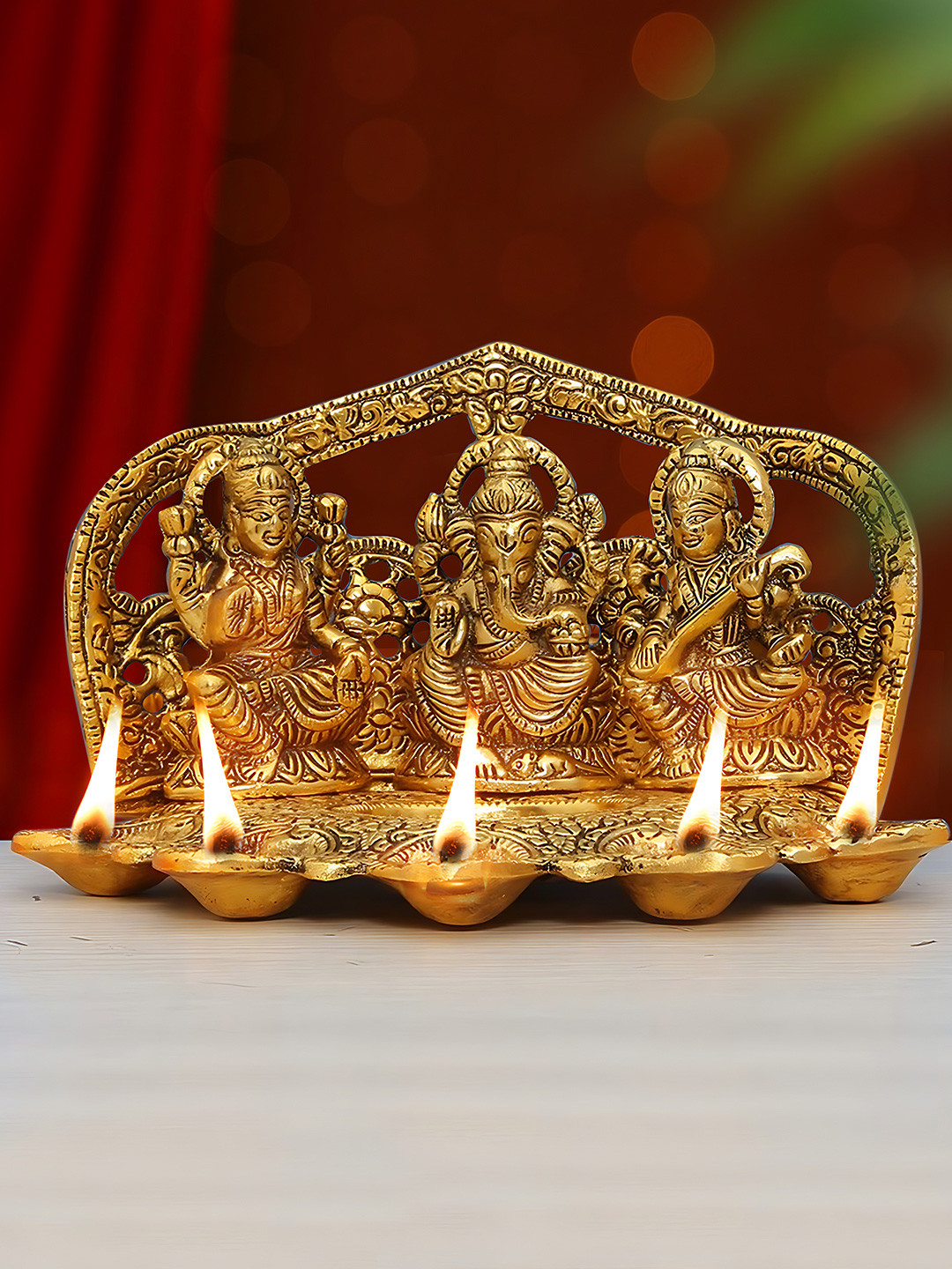 TIED RIBBONS Laxmi Ganesh Saraswati Gold Brass Metallic Prayer Room Hand-Crafted Medium Showpiece - 5 Inches