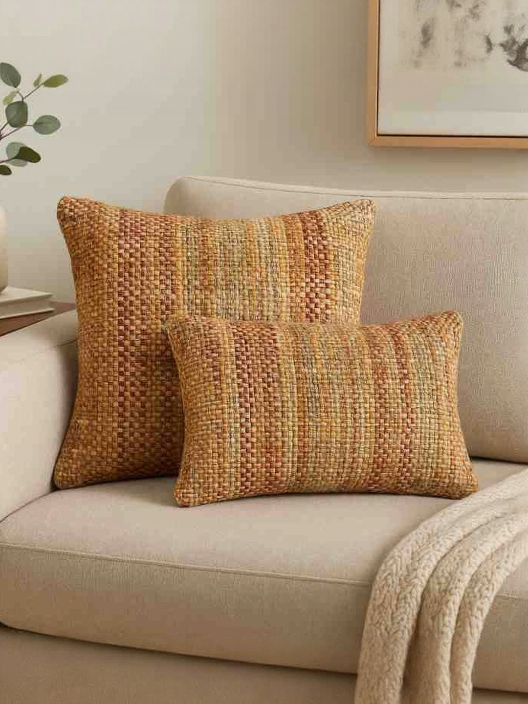 PILLOW TREE Beige Self-Designed Cotton 2 Pcs Square Pre-Filled Cushions 18 cm x 18 cm