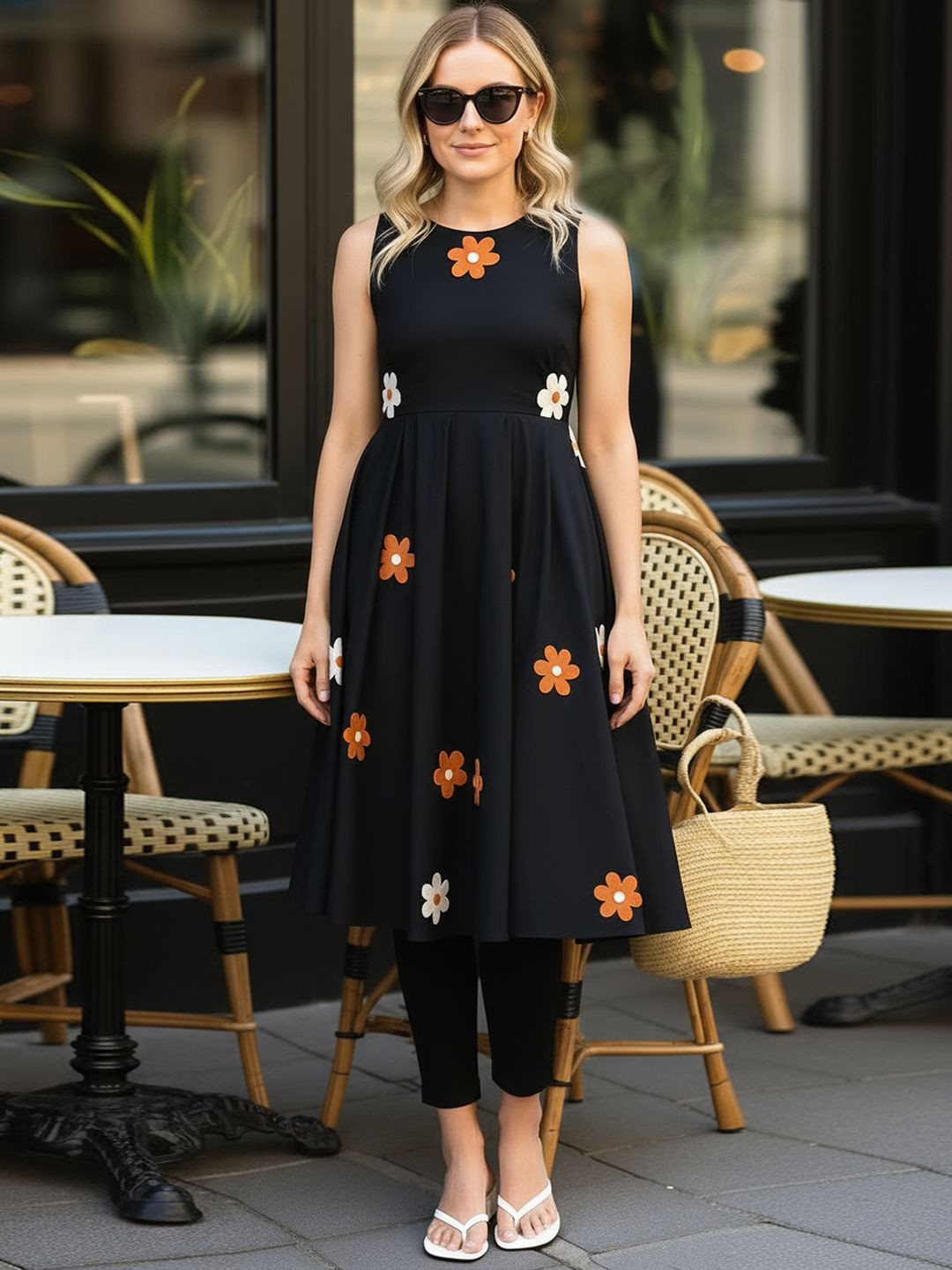 KALINI Floral Applique Fit & Flare Midi Dress