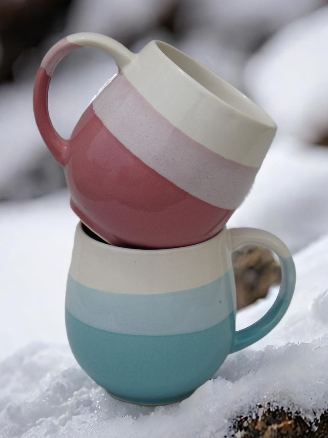 U & U Unique Utilities Pink & Sea Green 2Pcs Large Ceramic Glossy Coffee Mugs- 450 ml each