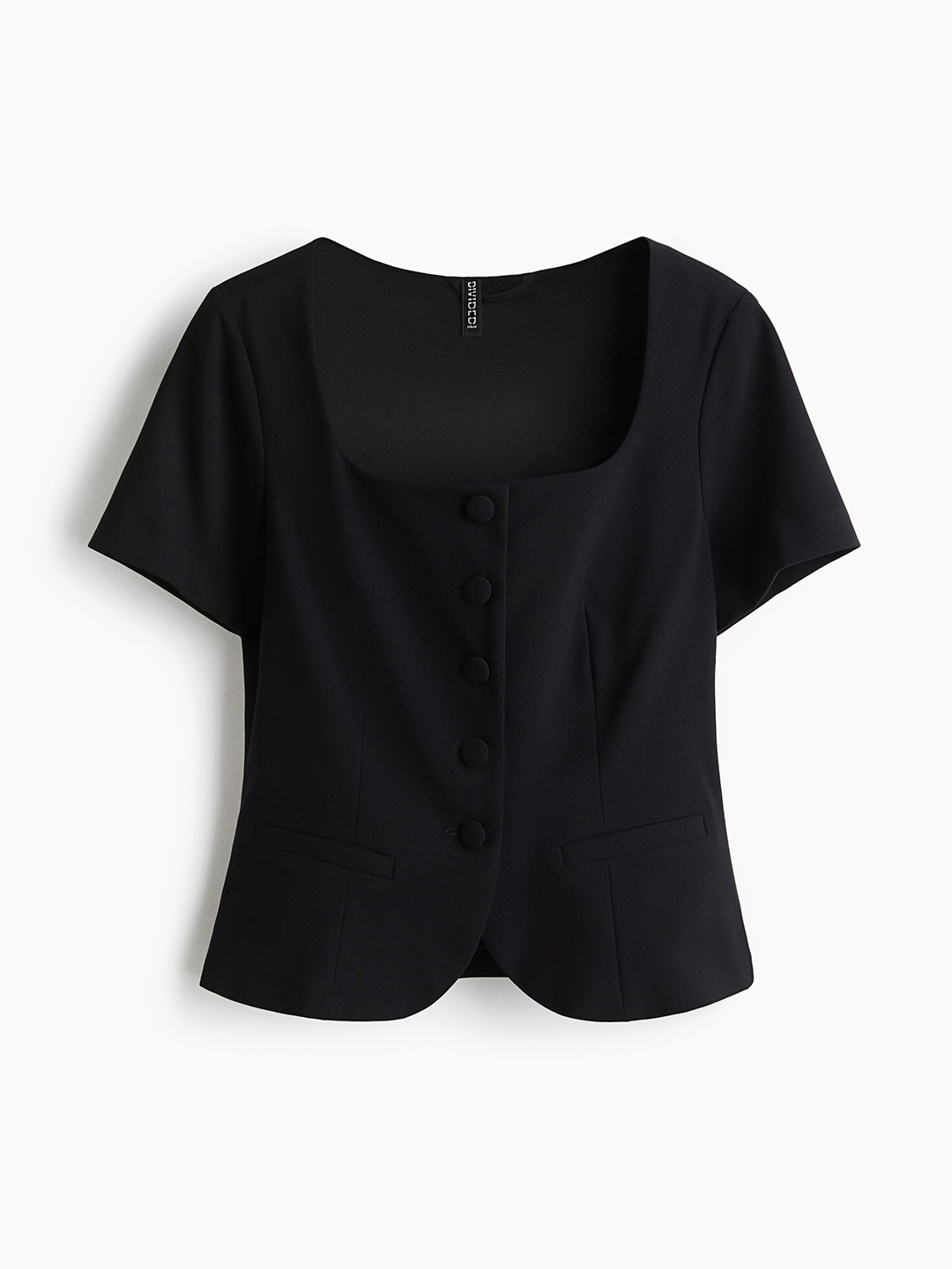 H&M Women Solid Square Neck Short Sleeves Button-Front Top