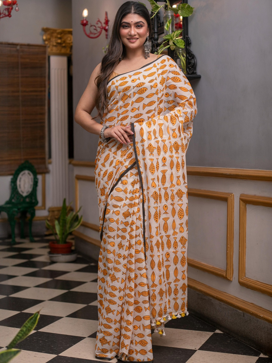 SUTAYAN Fish Printed Block Print Saree