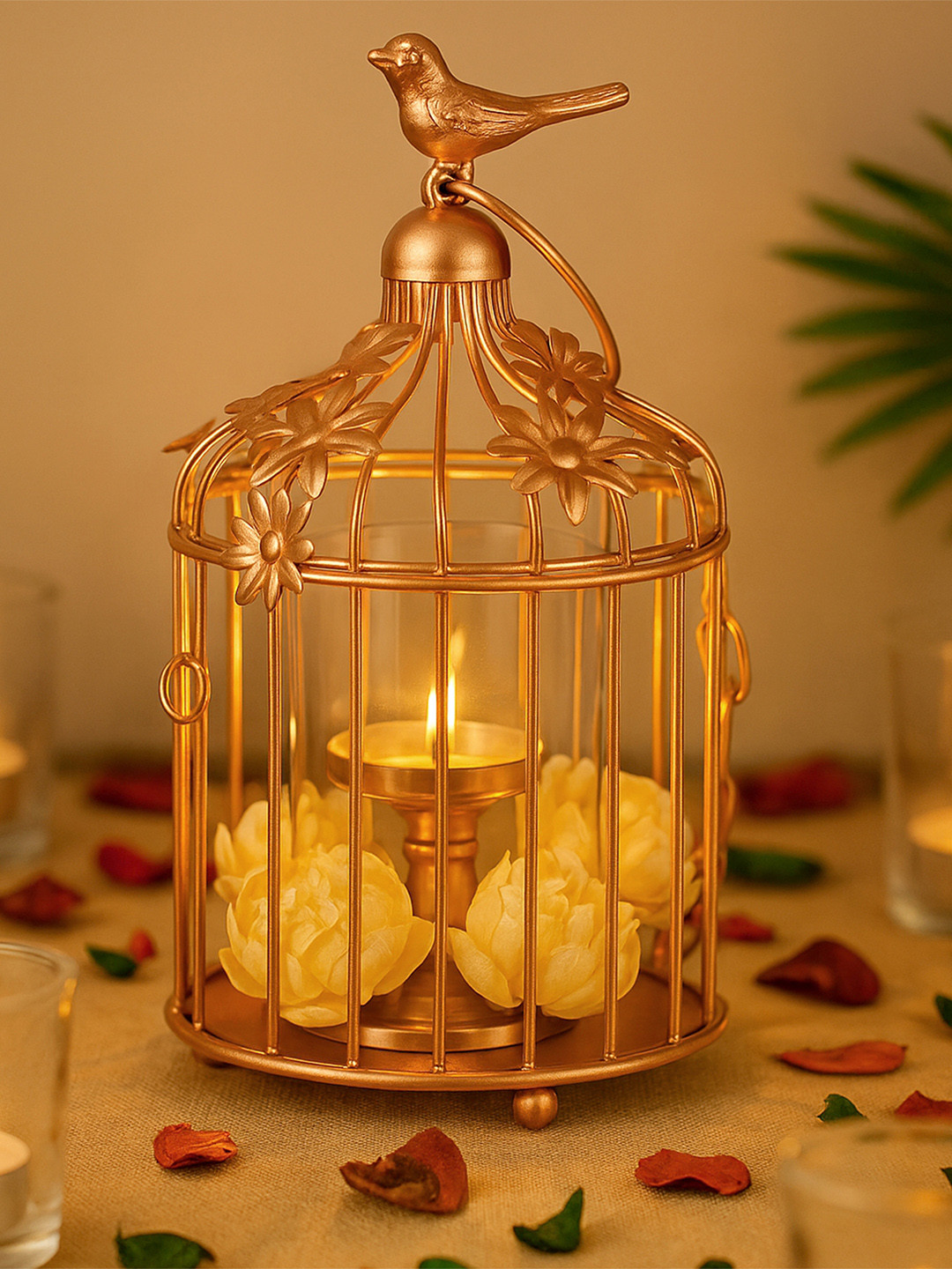 Homesake Bird Cage with Floral Vine Metal Glossy Hanging Hall Decorative Bird Cage-13.8In