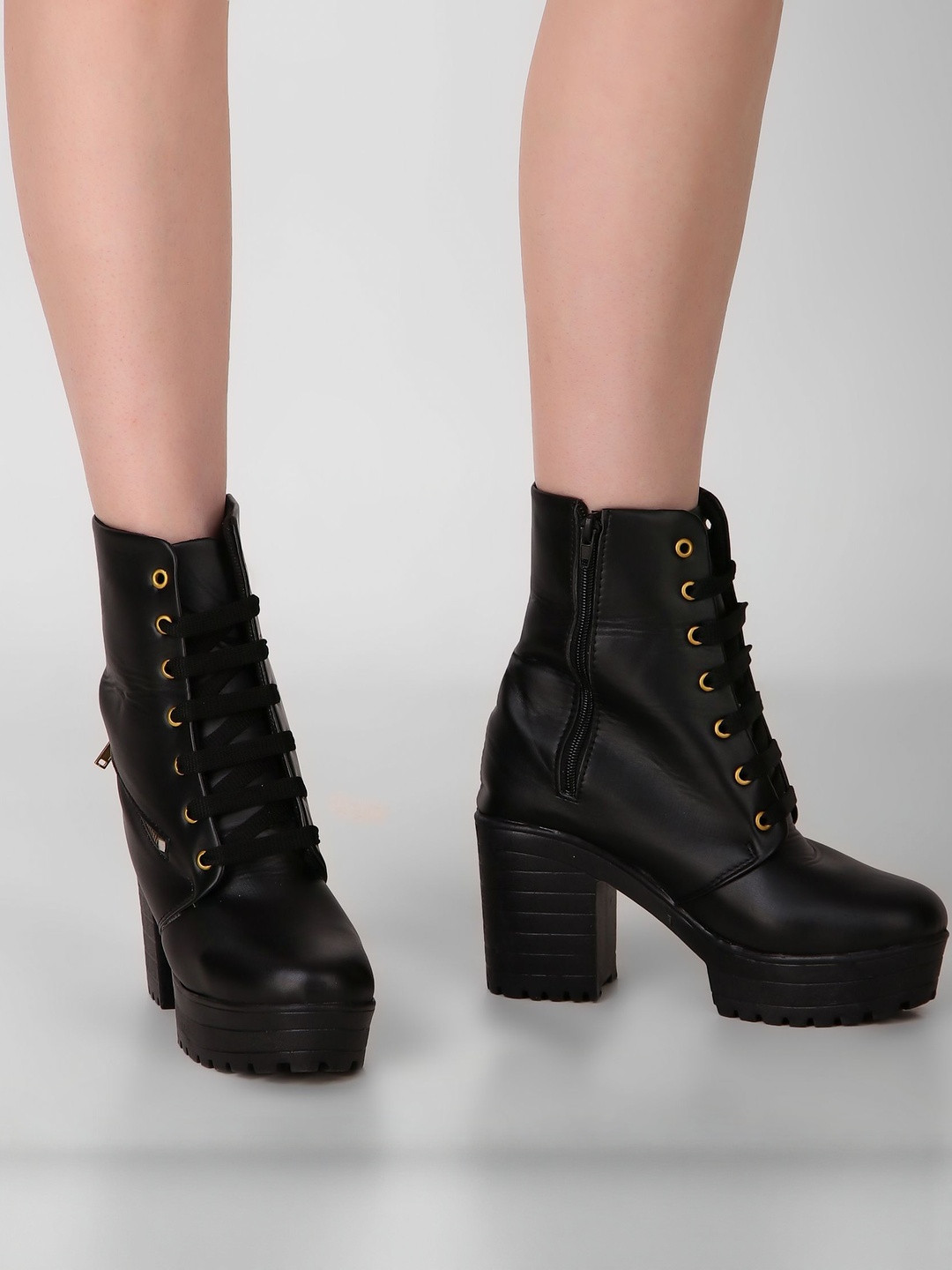 Kliev Paris Women Lace-Up & Zipped Round Toe Mid-Top Ankle-Length Platform Heel Boots