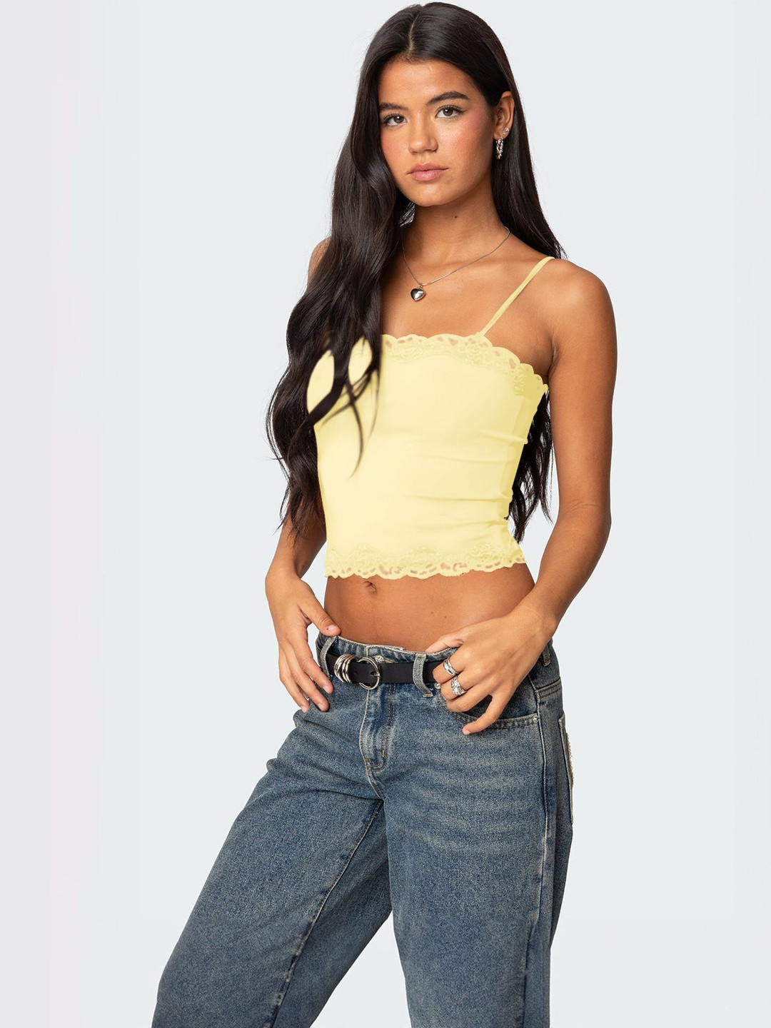 DressBerry Women Solid Shoulder Straps Lace Details Cami Crop Top