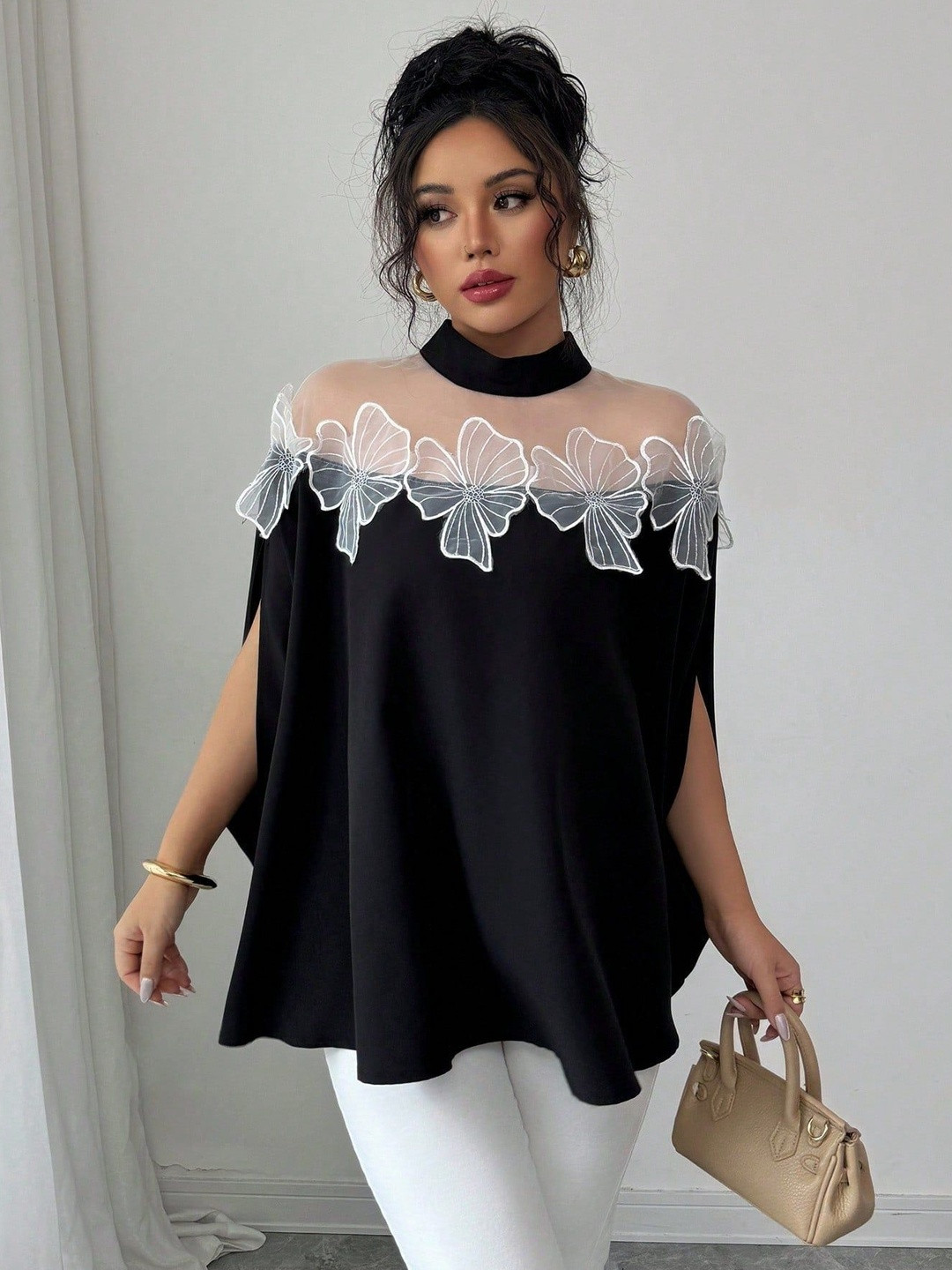 Outzidr Women High Neck Embroidery Patch Top