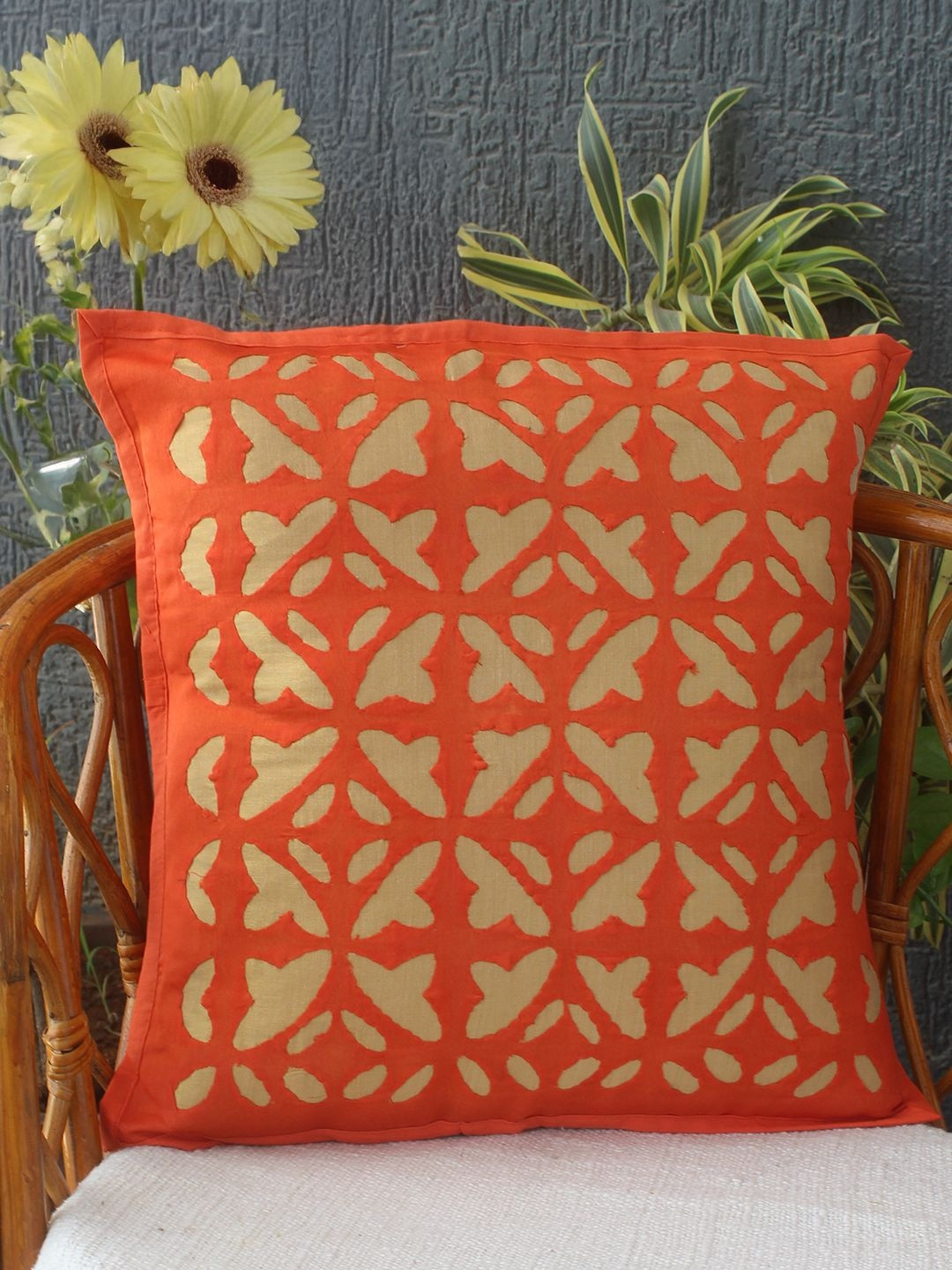 Weaves of Tradition Orange Self Design Square Chanderi Silk Cushion Cover
