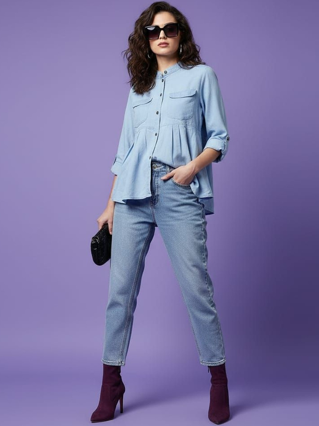 HIGH BUY Women Mandarin Collar Shirt Style Denim Top