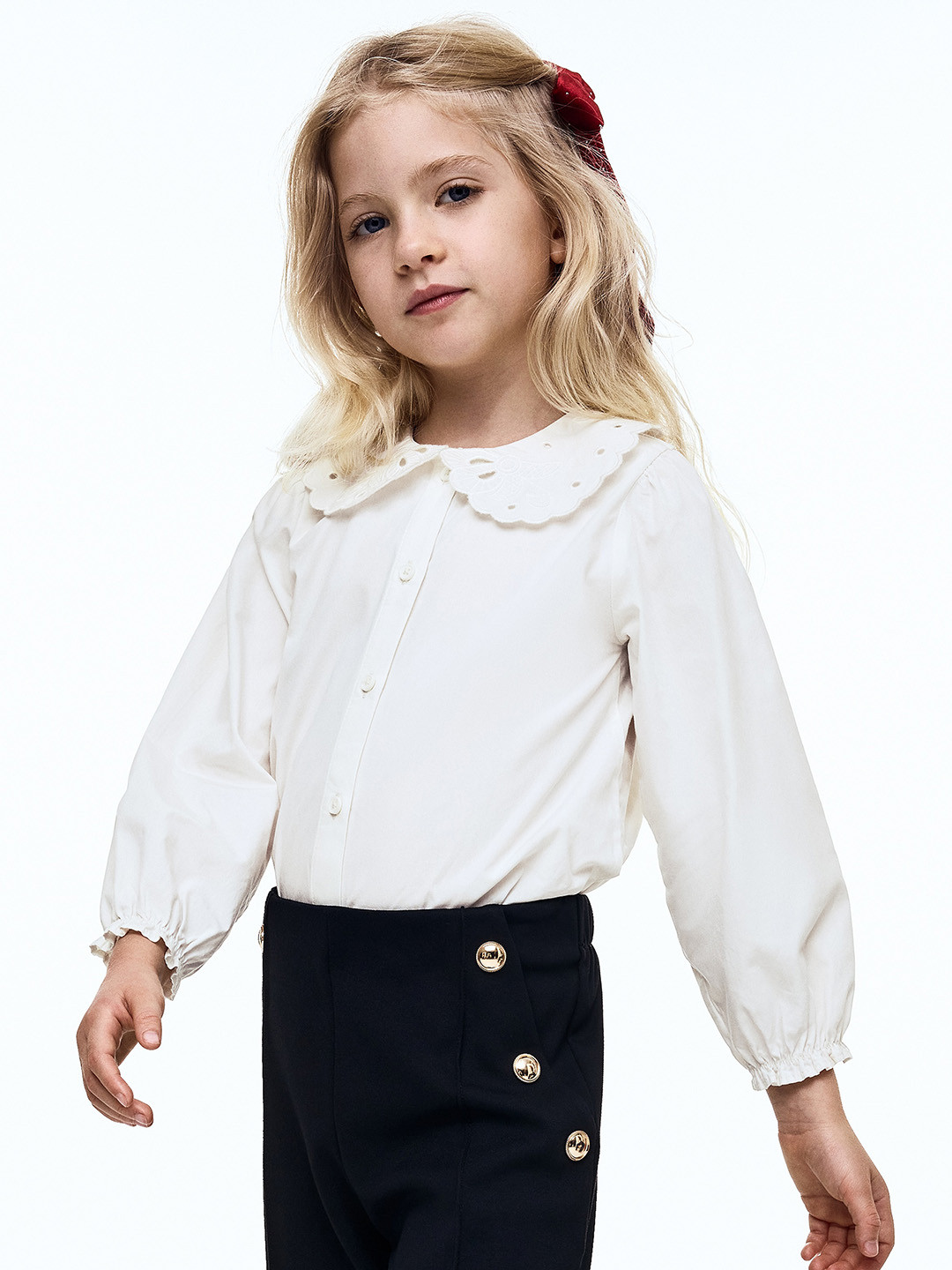 H&M Embroidered Peter Pan-Collared Puff Sleeves Blouson Top