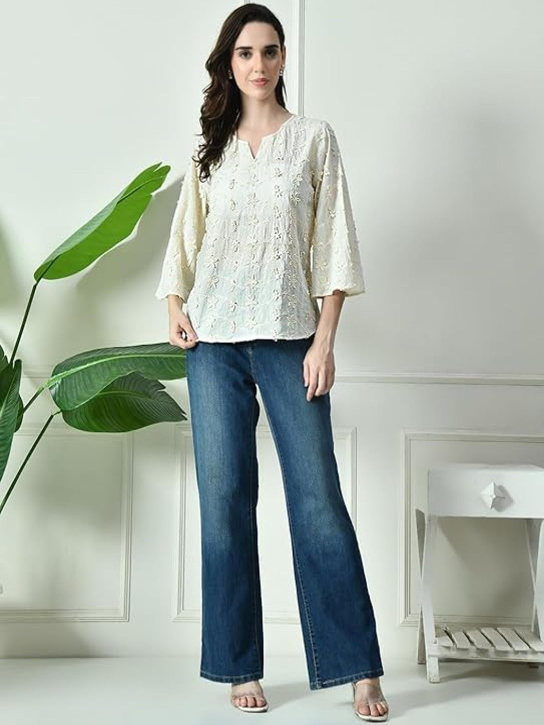 SKIMMER Women Self Design Embroidered Flared Sleeve Tunic Top