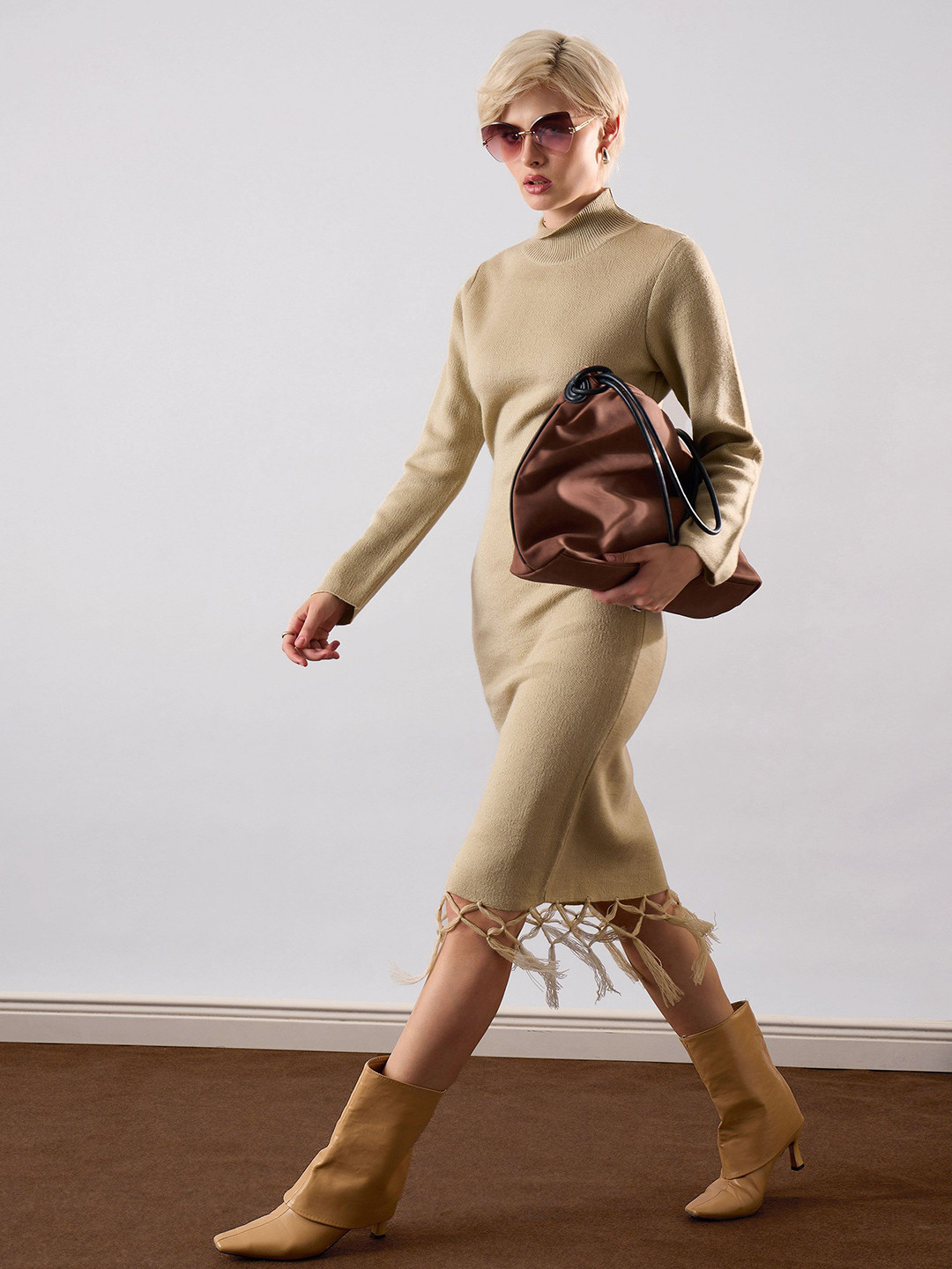 SASSAFRAS Fringed Woollen Sheath Midi Jumper Dress