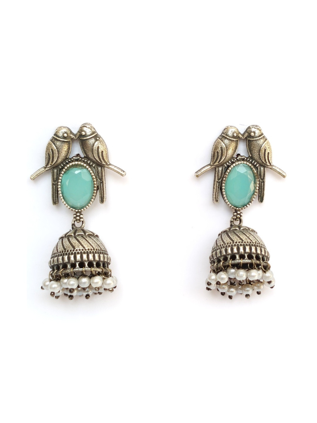 GMM Luxe German Silver Brass-Plated Faux Ruby Studded Animal Shaped Jhumkas