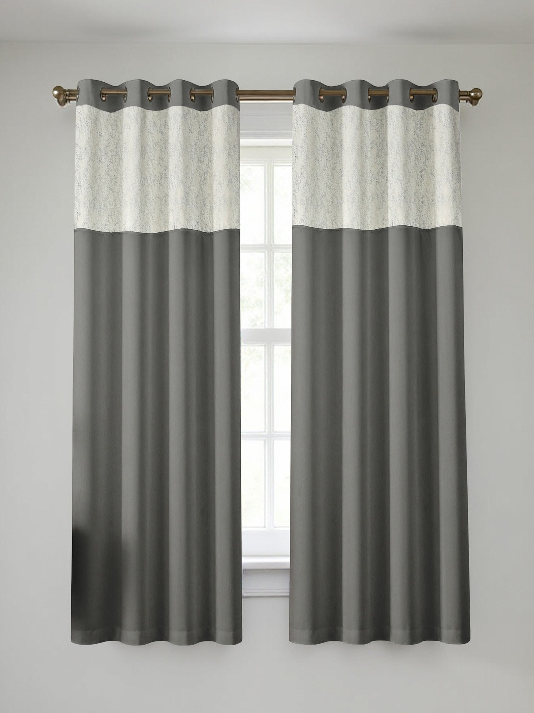 Aura Grey Silk 2 Pieces Window Black Out Eyelet Curtains