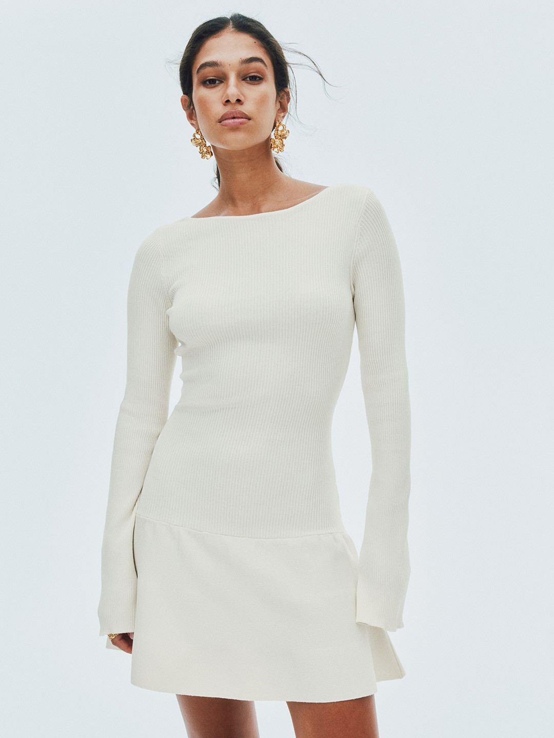 H&M Self Design Boat Neck Ribbed Flared-Skirt Drop-Waist Dress