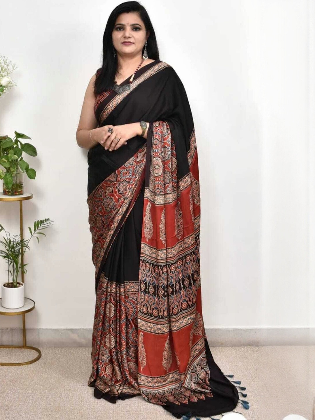RegalDrapes Printed Border Satin Saree With Blouse Piece
