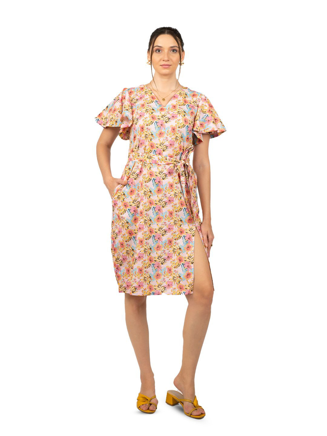 ZLAATA FASHION Women Floral Printed V-Neck Wrap Dress