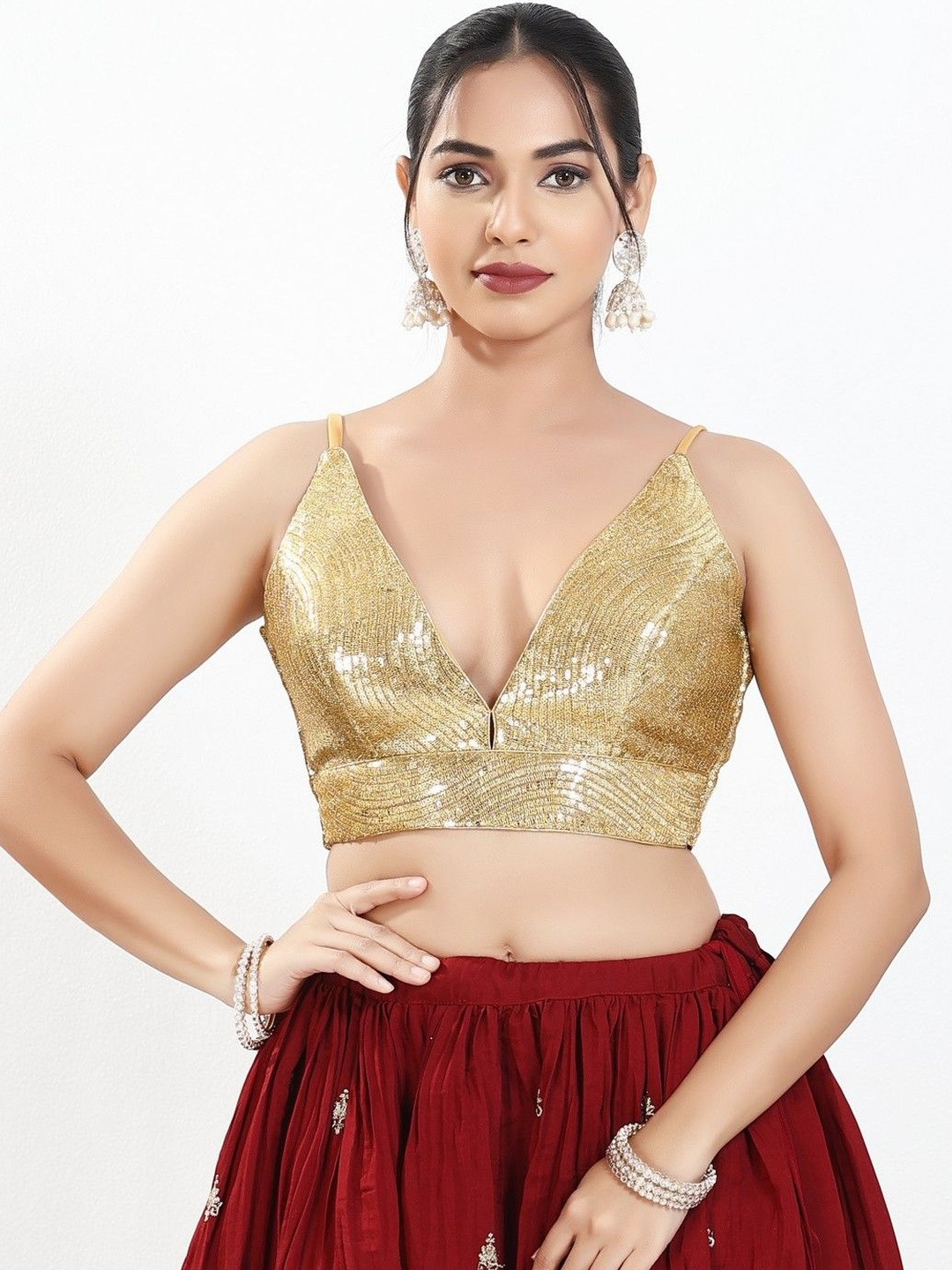 VAMAS - THE DESIGNER BLOUSES Embellished Skill V-Neck Padded Saree Blouse