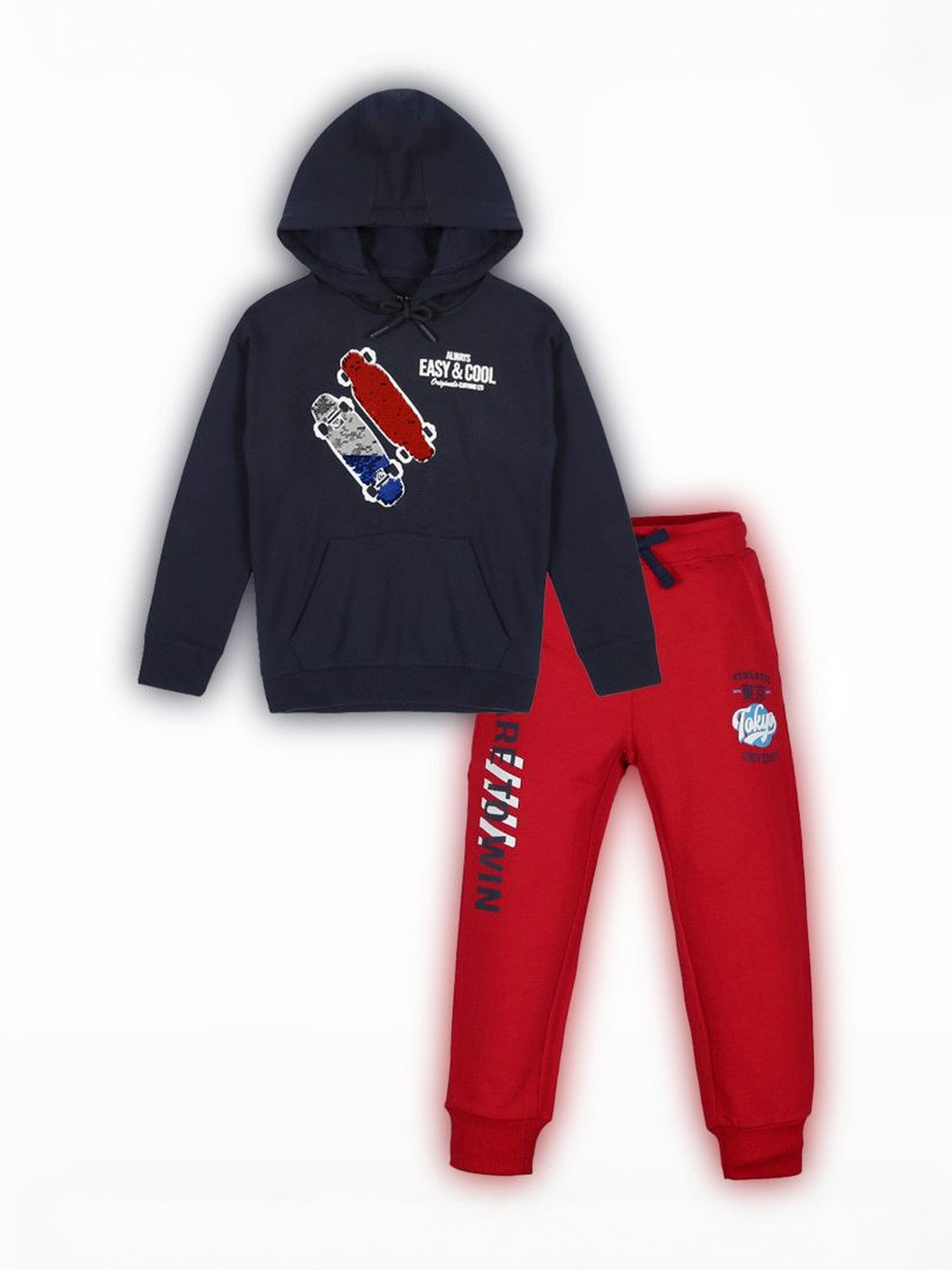 PLUM TREE Boys Reversible Sequins Hooded Sweatshirt and Printed Joggers