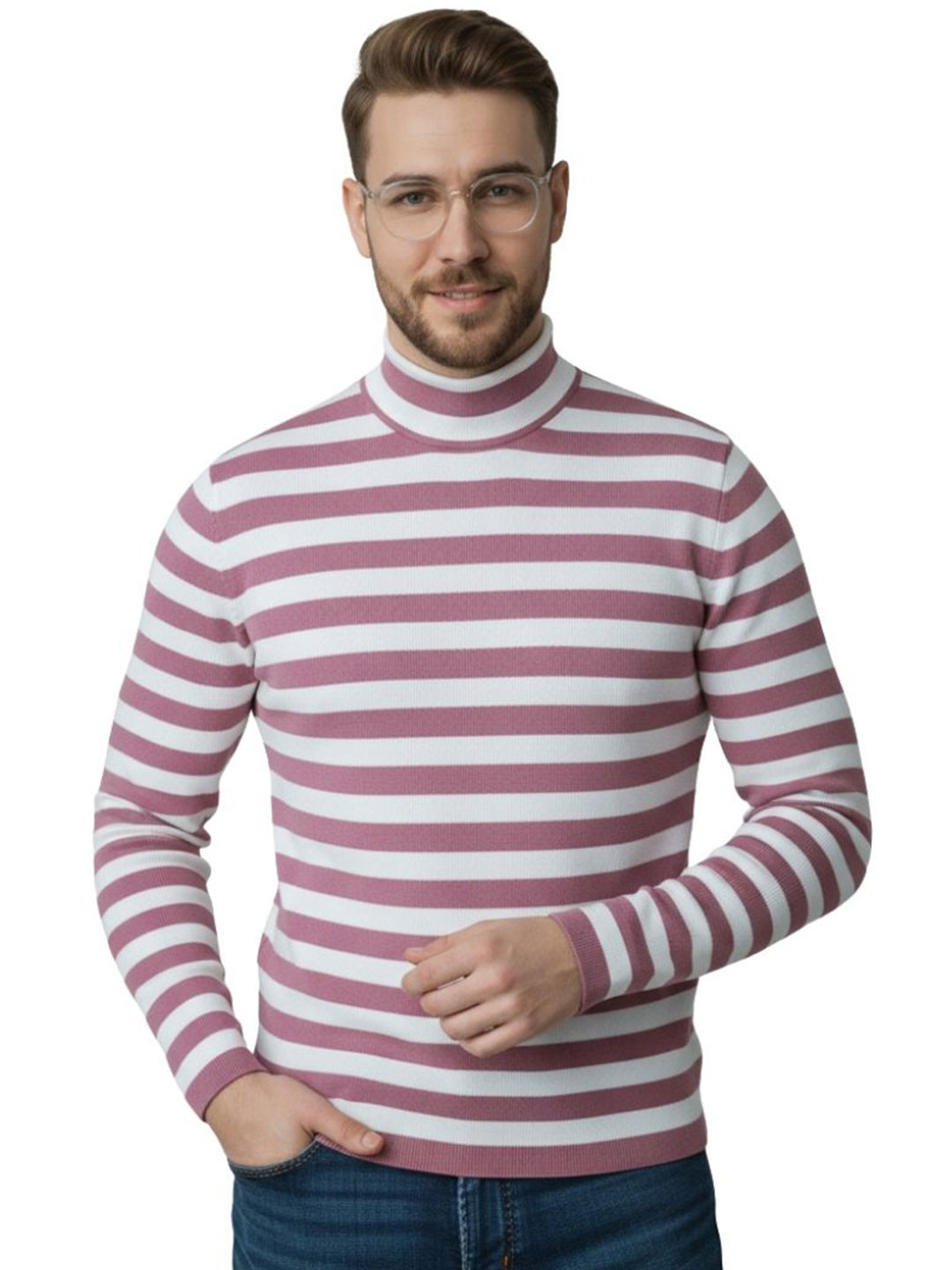 Looks United Men Striped High Neck Full Sleeves Pullover Sweater with Applique Detail