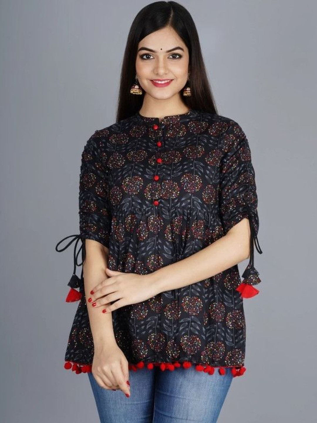 VYKOO Women Floral Printed Mandarin Collar Bohemian Peplum Top