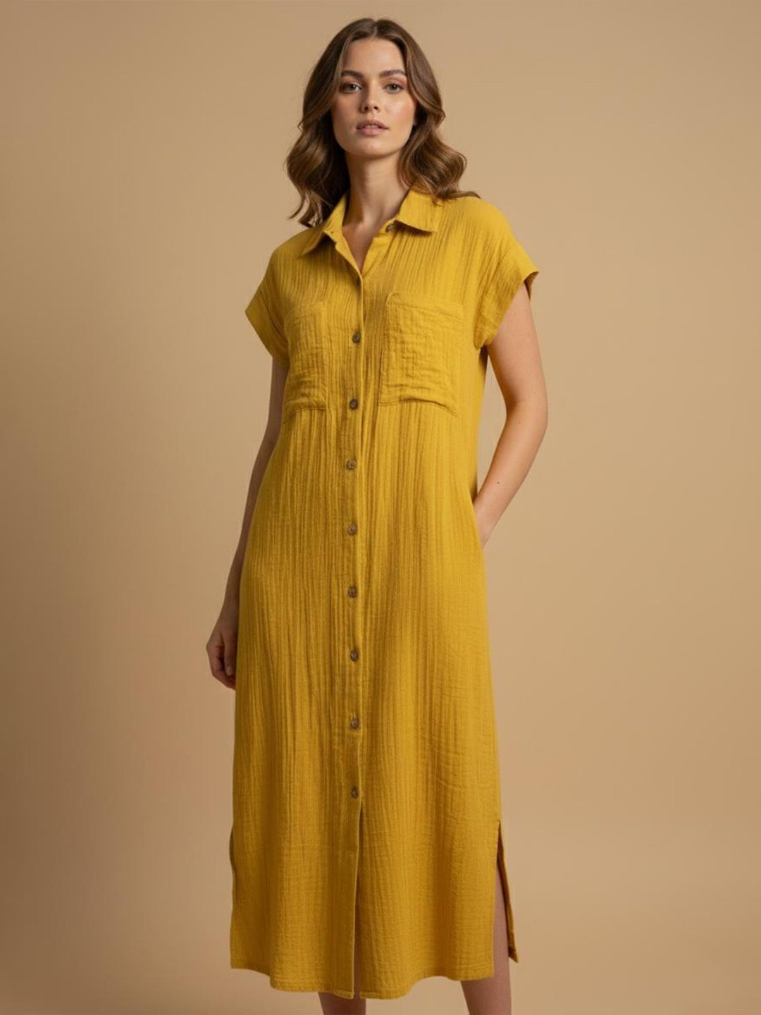 Veeralda Women Solid Shirt Collar Shirt Maxi Dress