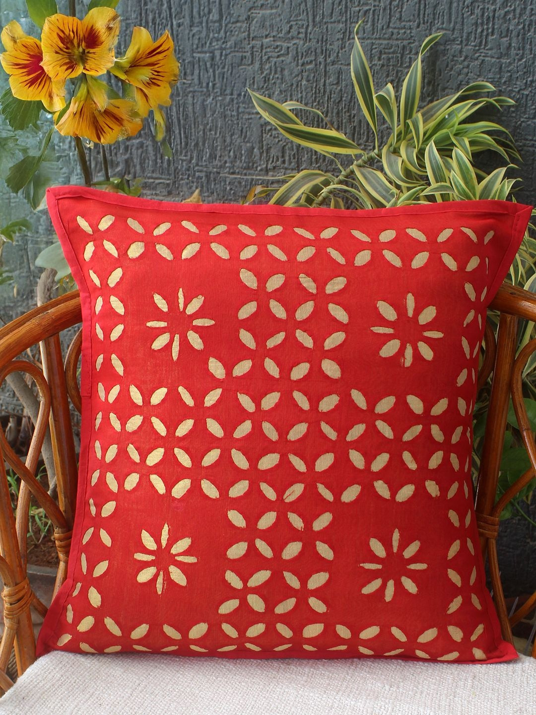 Weaves of Tradition Red & Yellow Embroidered Square Chanderi Silk Cushion Cover