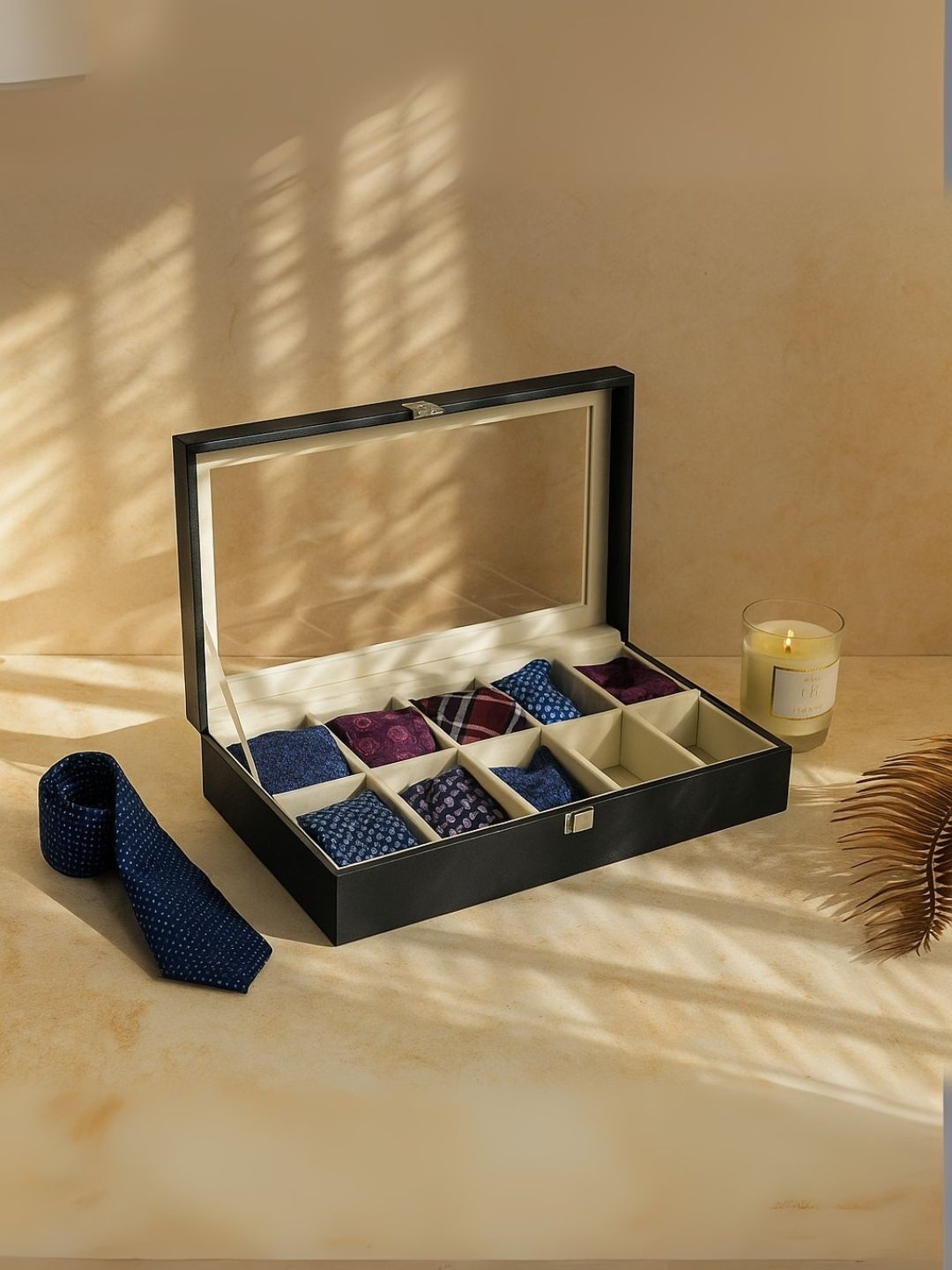 THE BIG TROVE Black Leatherette Tie 10 Slot Reusable Jewellery Organiser