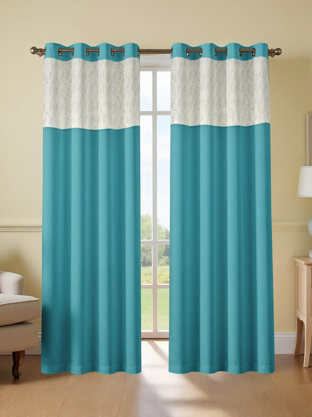 Aura Blue Silk 2 Pieces Door Black Out Eyelet Curtains