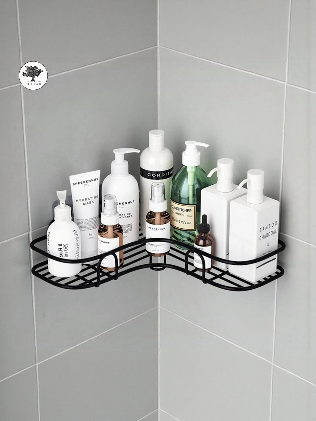 M Y Black Metal Self Adhesive Kitchen & Bathroom Corner Wall Shelf