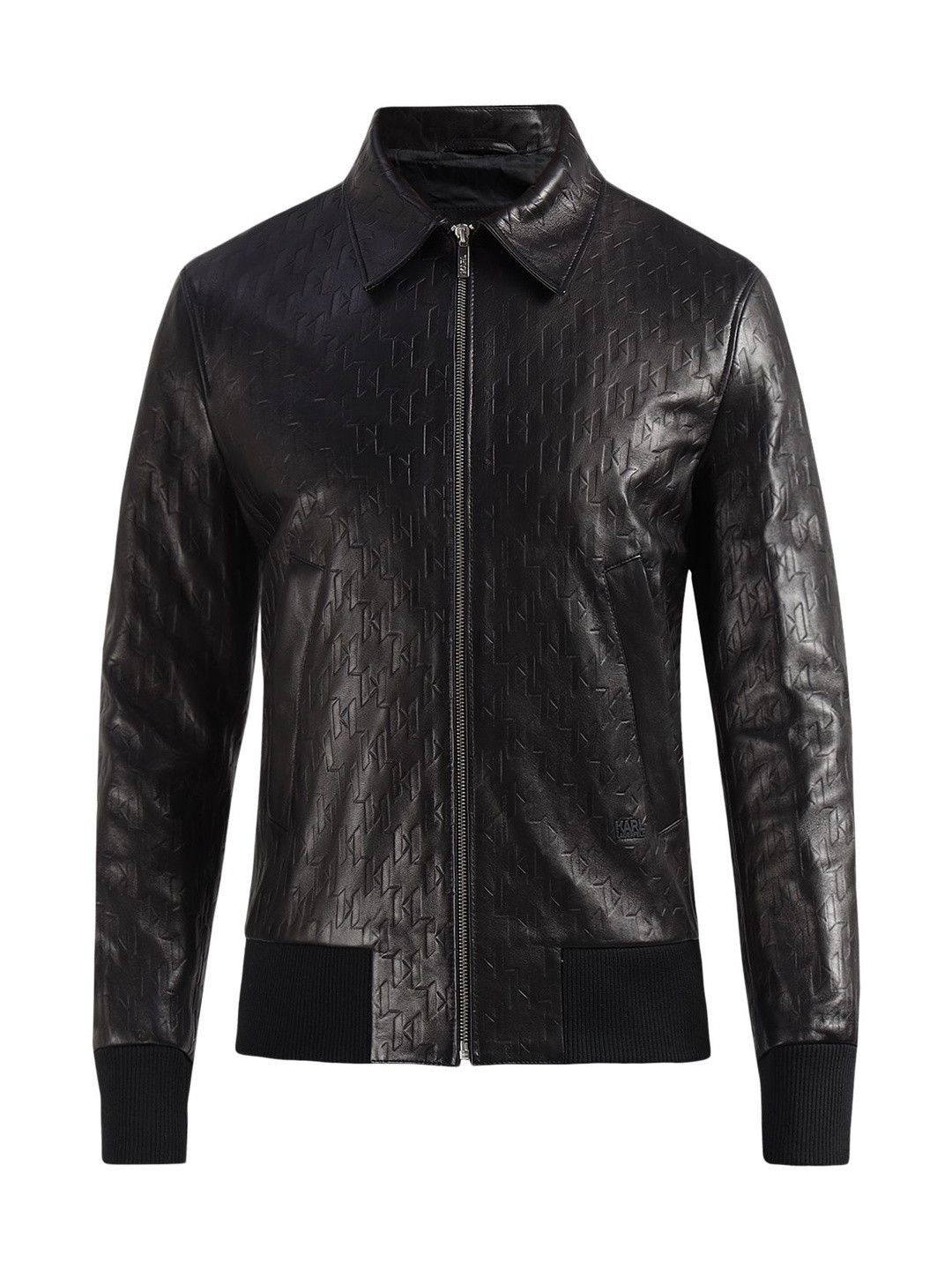 Karl Lagerfeld Men KL Deboss Zip Detail Long Sleeve Leather Jacket