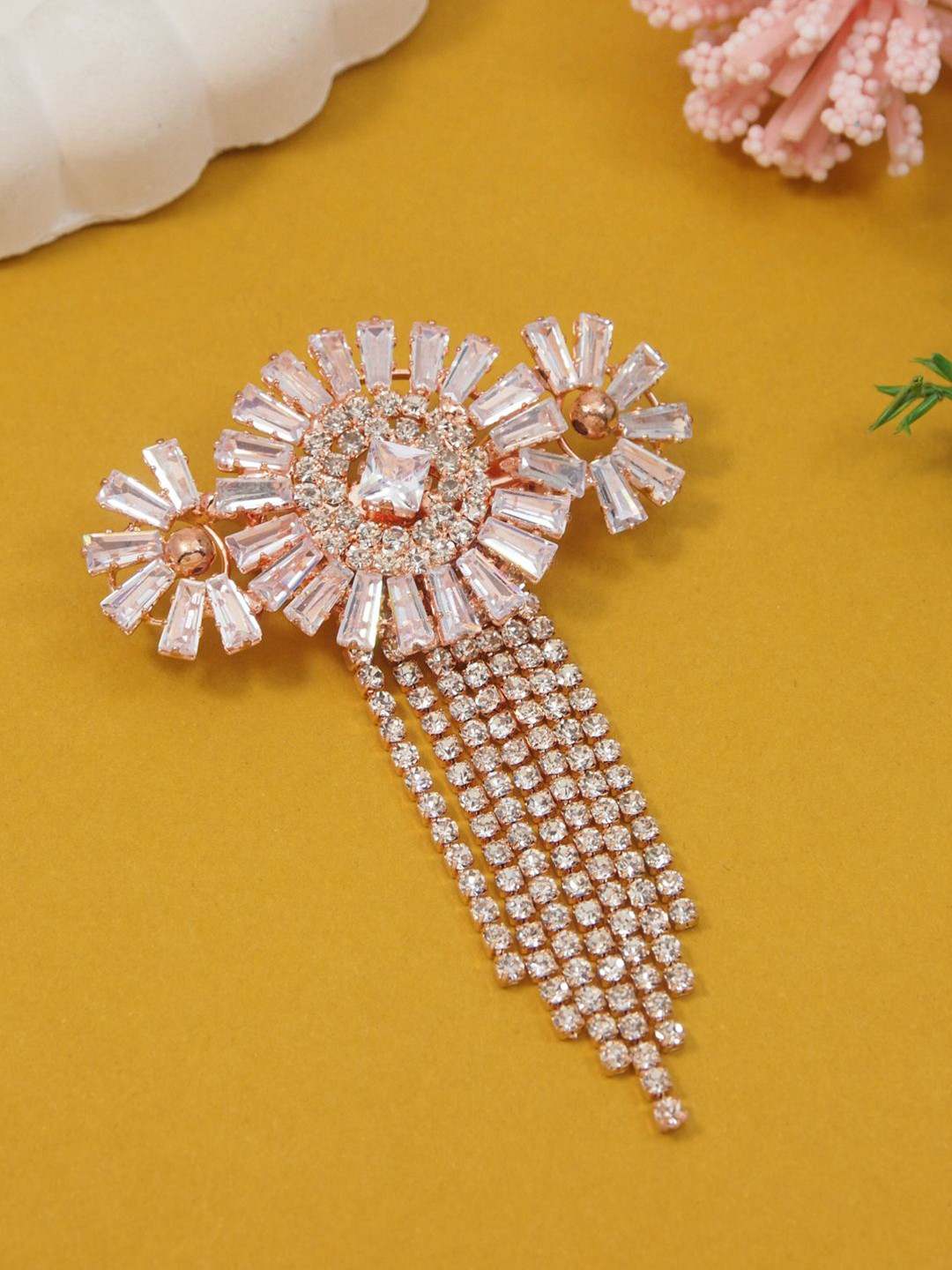 I Jewels Rose Gold Plated Artificial Stones Studded And Beaded Brooch