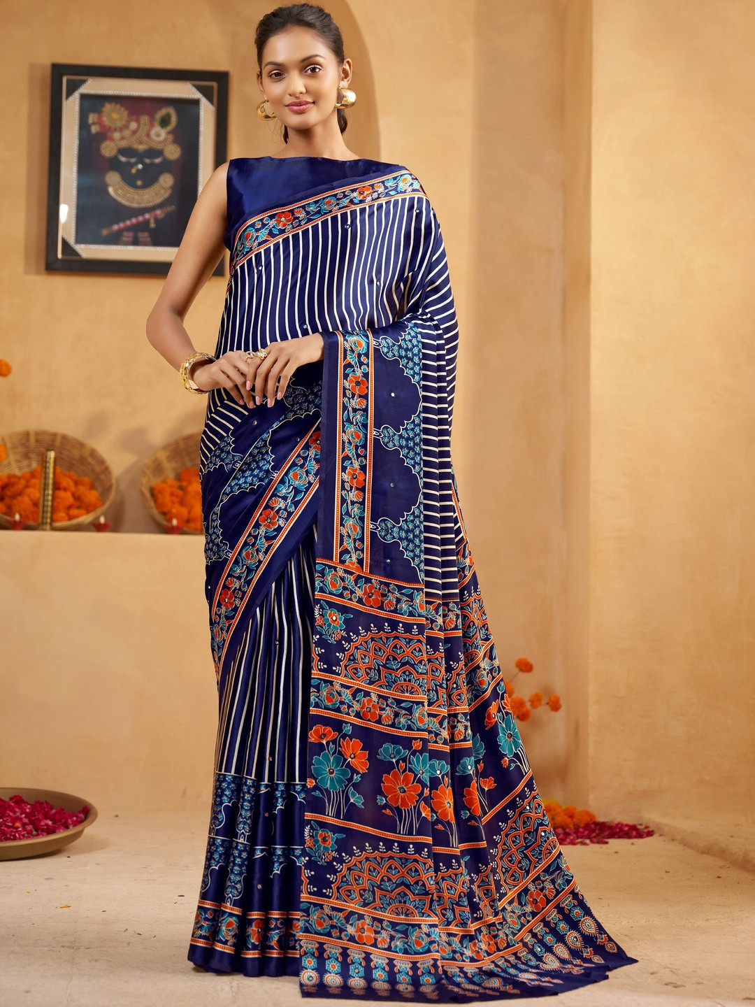 Garden Vareli Floral Mirror Work Pure Crepe Saree