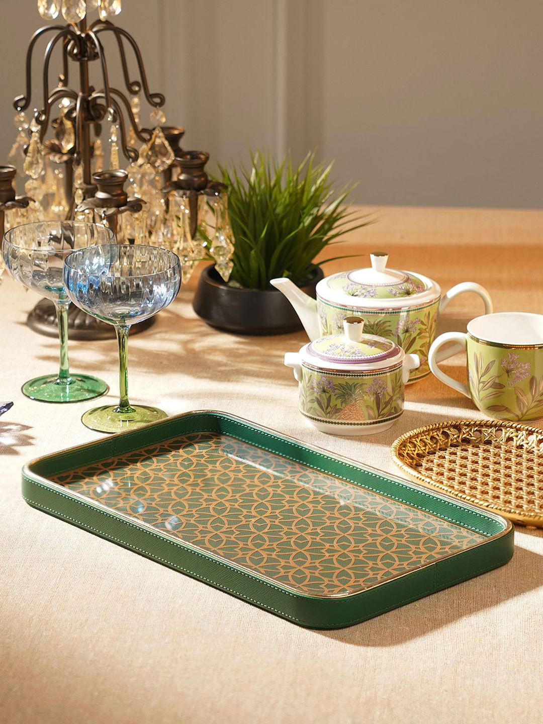 Pure Home and Living Green Printed Rectangle Faux Leather Platter MDF Serving Tray