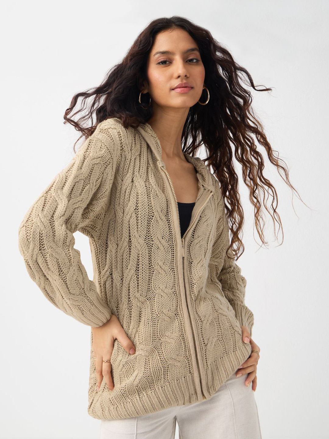 The Souled Store Women Cable Knit Cardigan with Zip Detail Detail
